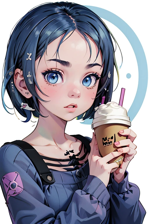 (masterpiece, besta quality), Billie Eilish, short BLUE hair, drinks coffee, White background with a purple circle