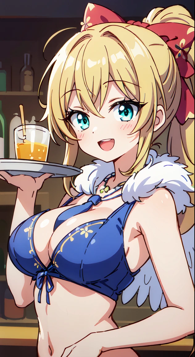 Japan Anime Styles 2019,Masterpieces,Best Quality,Ultimate detailed illustration,Red tone illustration, BREAK, 1 beautiful girl, 1 beautiful girl, girl with, (Cute:1.5),(Chibi:0.5),(kawaii:2.0),(Lori:2.0),(12 year old girl),(large full breasts:1.65),(Ahoge,High Ponytail,Blonde hair, blue bow, Green eyes,eyebrows visible through hair,side locks,Parted bangs,Long hair, Hair Flower, Hair Ornament, Curly hair,Bow:1.4),:D,(Angel,White feathers, one white winged, Angel wings,Spread wings, Glowing wings),pitt \(Kid Icarus\),gleaming skin, Clear skin, shining beautiful skin, Open mouth,Smile, Solo, tusk, Upper teeth,(long eyelashes, Double eyelids:1.2),Solo,gleaming skin, Clear skin, Beautiful skin,(best quality face),(Top quality glowing eyes),(The best smile,:D:1.45),
BREAK (Bartender attire,vests,neck tie,Pants) (very precise embroidery:1.3), (fluffy fur:1.3), (necklace made of countless gemstones:1.2), (high-heels:1.1),
BREAK
(Red flower ornament:1.2),
BREAK, (Holding the tray in your hand),鎖骨,Hair intake, Hand up, Navel, Parted lips, Solo, Stomach,architecture, (a bar counter,Bar Counter Table,display alcohol bottles)Backlighting,Waterfall,depth of fields, BREAK,(Blurry background:1.3),(absurderes, hight resolution, Super Detail Art),cel shading,Clear Color, Lonely optical effect, Beautiful pictures, Bright glow, mystic atmosphere,(Close-up of girl:1.1), Mystical light particle effect,manga influence, clean line drawings,