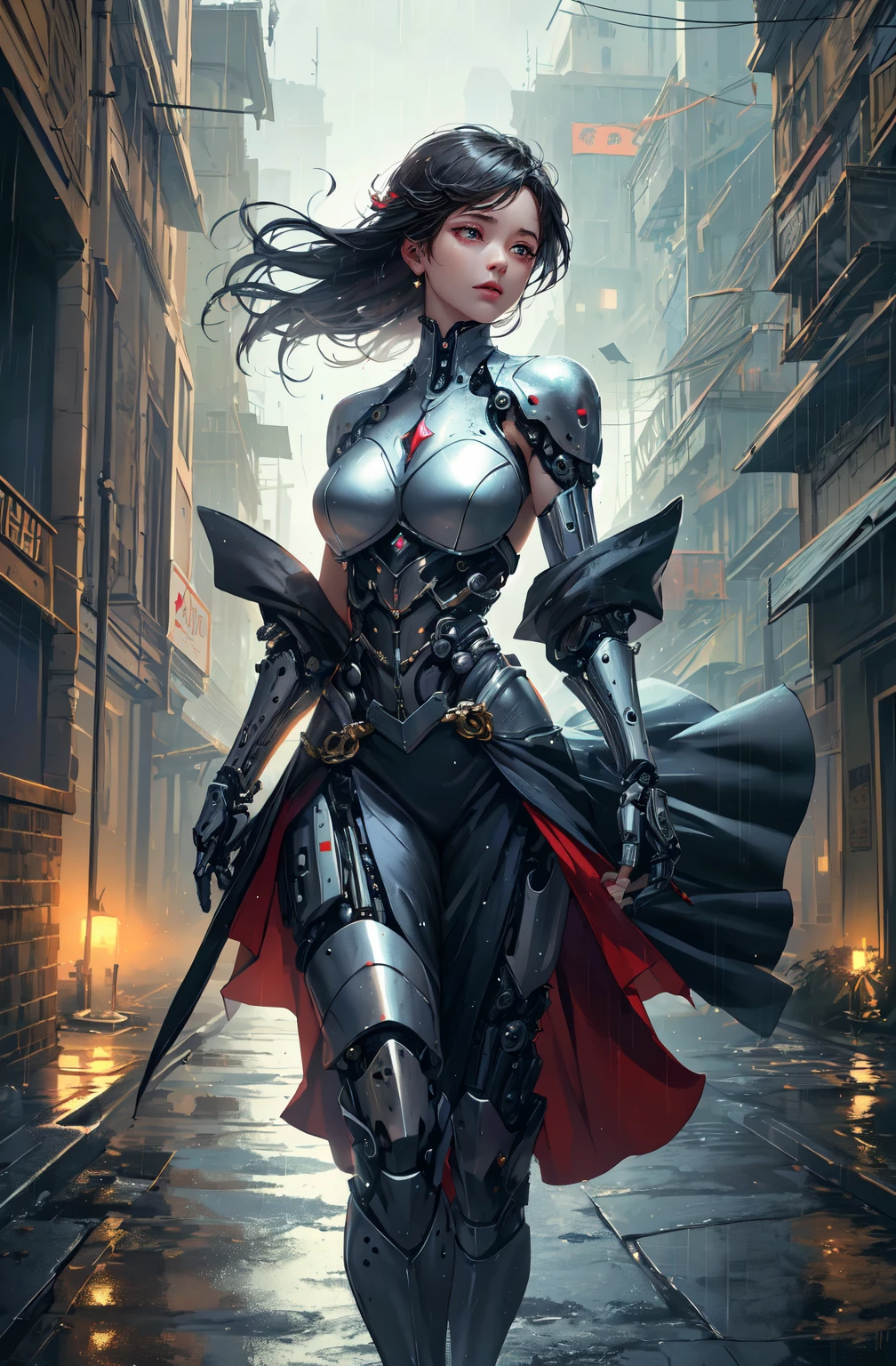 Cinema Lighting,Highly detailed skin、Beautiful quality with attention to detail,cyber punk,(Exchange、Dim color, Calm tone、Perfect Anatomy:1.3),(One beautiful woman、Beautiful features down to the last detail、alone:1.3)(Black short hair)Laugh a little、(1. Holding a sword)break. Tight black leather suit、Like Catwoman、 break.night中(night、Futuristic city building rooftop、A fire broke out in a nearby building.)、Full body portrait、Shot as if looking up、Beautiful standing posture,ghost in the Shell、Motoko Kusanagi、Blade Runner