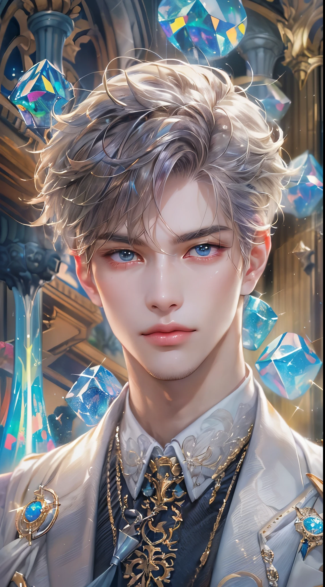 ( A high resolution, ultra - detailed, HighDynamicRange), tmasterpiece, Best quality at best, gaming character , Short hair details, (Handsome men),Anime eyes, Mobile legendary heroes, detailed scene, Detailed characters,(pointed opal'of clothes),magia,((cleanness,hair sparkling like diamonds))