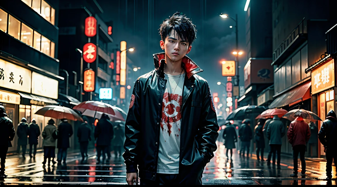 The main character A boy holding the phone in his hand the phone screen light reflecting on his face his right side the another boy standing with the chef knife on his hand covered with blood, crowded gang members behind him everyone is facing the camera standing in the rain fully wet the water dropping from their body and faces , that crowd covered with blood , everyone wearing red earing on one ear, Tokyo Street night raining, everyone looking serious, hackers, criminals, there is a flag on top of the building behind them it is red color flag with black dragon The police light shade in the corner of the picture, high quality 4k , high resolution , high detailed, night light lamps on the street showing the rain drops , The road is wet reflecting the light , make it look more cinematic , anime style more dark area , with more dragon pictures and chinses restaurant , make it more like a they are in criminals territory.
