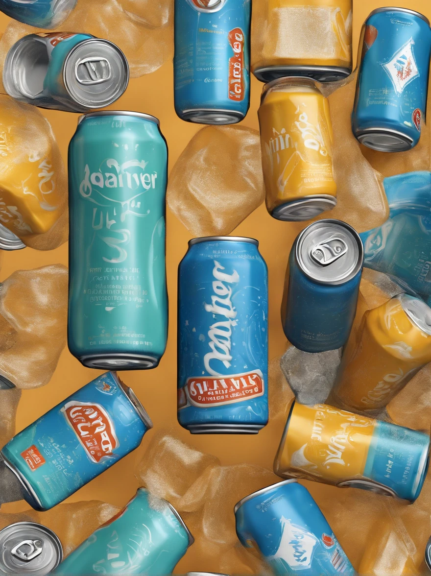 There are three cans of soda sitting on top of a block of ice, a digital rendering by Mathias Kollros, trending on Behance, conceptual art, sparkling dew, soda cans, sparkling water, drink, cans, sparkling spirits, cold drinks, packaging design, drinks, promo image, sprong season, refreshing, high detail product photo