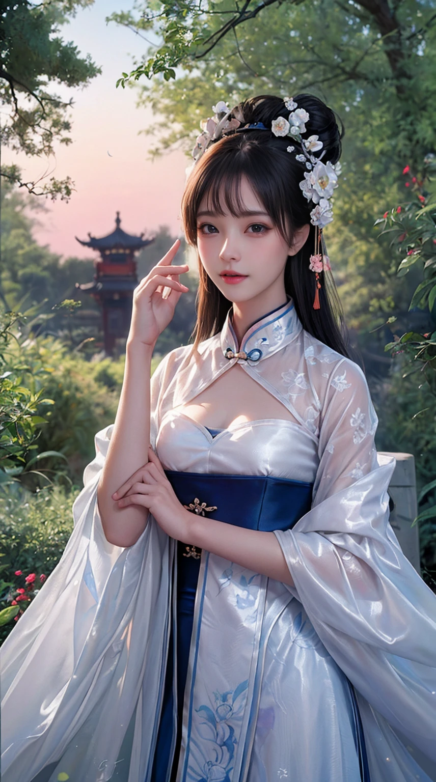 (A girl is in the garden,Moon,change,Moon cake,edgBunny),Best quality at best,ultra - detailed,actual:1.37,illustratio,Traditional chinese painting,harmonious colors,gentlesoftlighting