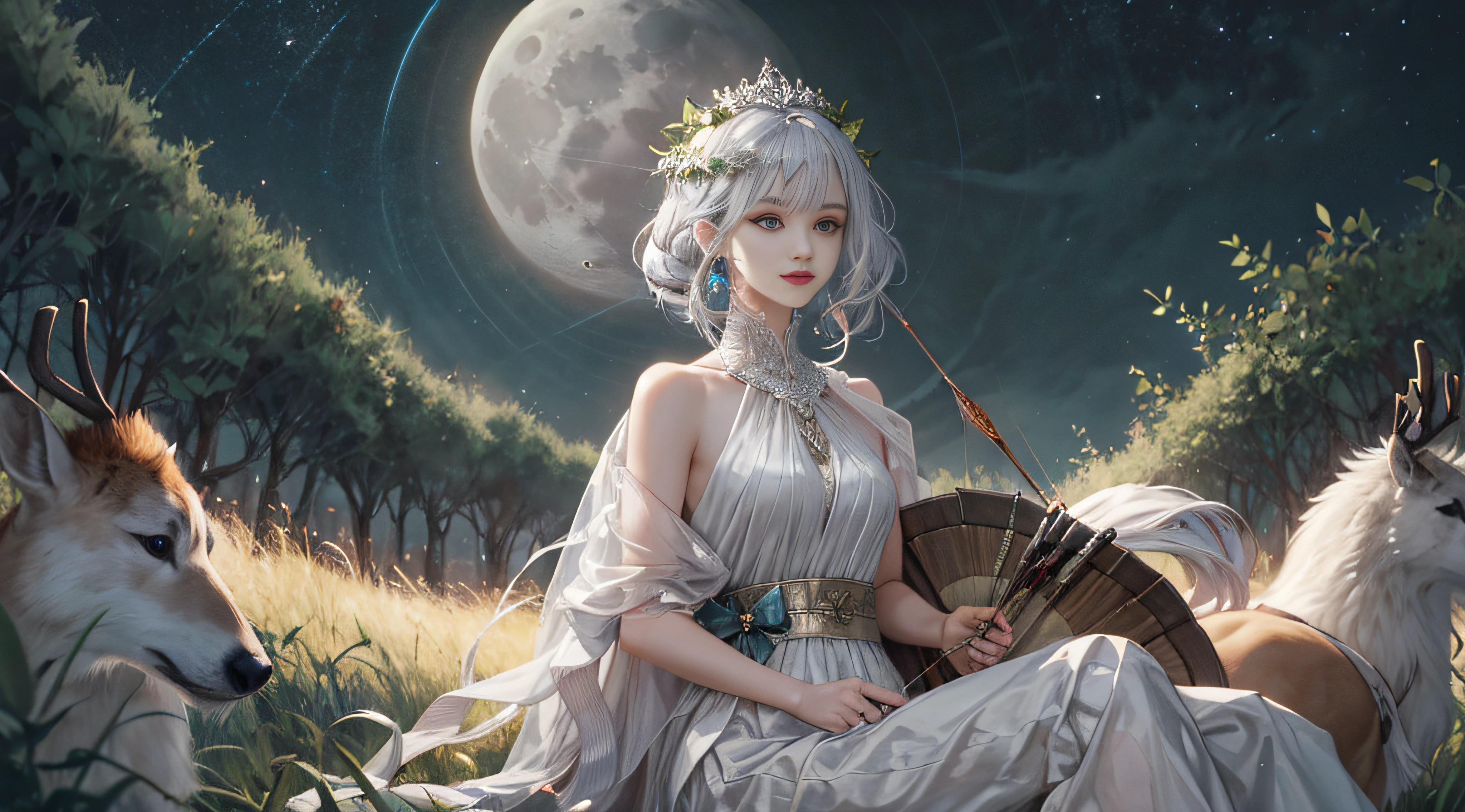 Absurd, high quality, ultra detailed, masterpiece, Cancer Zodiac sign , Greek Mythology, Artemis, the goddess of the hunt,silver hair, the moon, a young and athletic woman, in the company of wild animals and carrying a bow and arrows. wearing a short hunting tunic or a flowing gown suitable for outdoor activities. a quiver full of arrows strapped to her back. a silver bow, deer and other woodland creatures. wearing a crown or a wreath of laurel leaves, youthful and radiant, with a determined and focused expression. Artemis embodies attributes such as independence, strength, and purity. a powerful and independent goddess, embodying the spirit of the hunt, the moon, and the natural world. Her appearance reflects her affinity for nature, her skill in hunting, and her role as a guardian of wildlife , whole body , solo , beautiful eyes, ((detailed eyes))