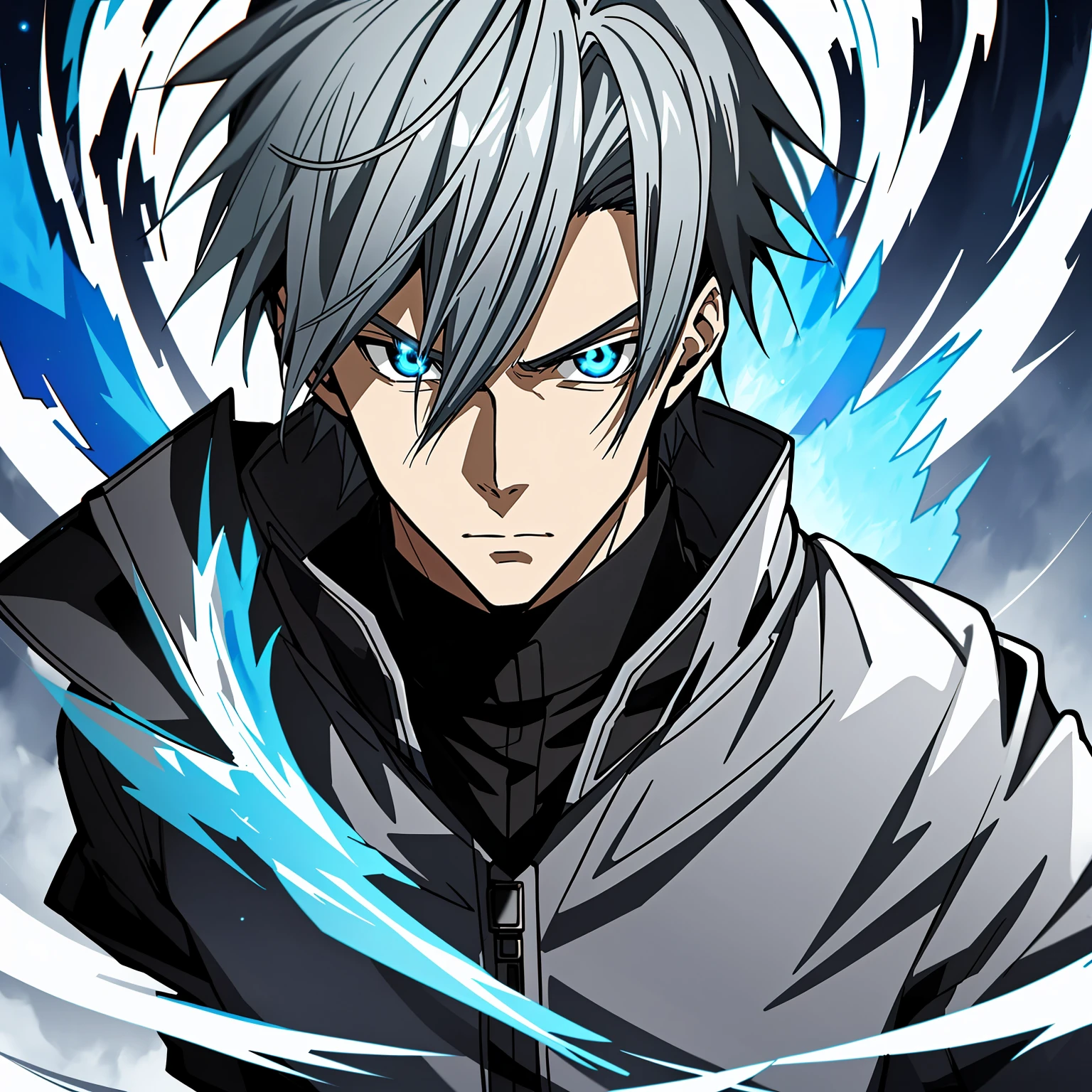 Silver-gray hair、blue color eyes、Wearing black jacket and blue flames, Key anime art, male anime characters