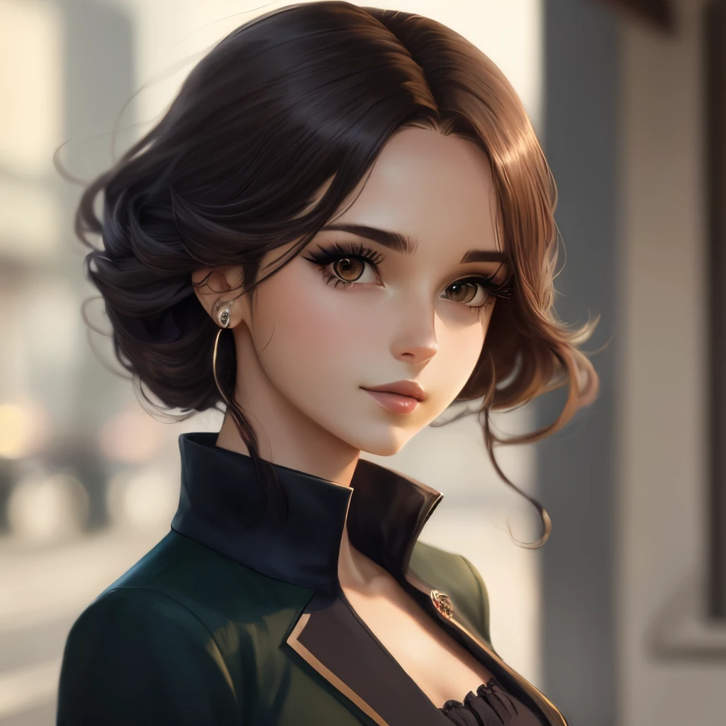 Personagem feminina estilo anime, cabelo comprido, ondulado, preto, olhos azuis, roupa estilo soft , cenario florido