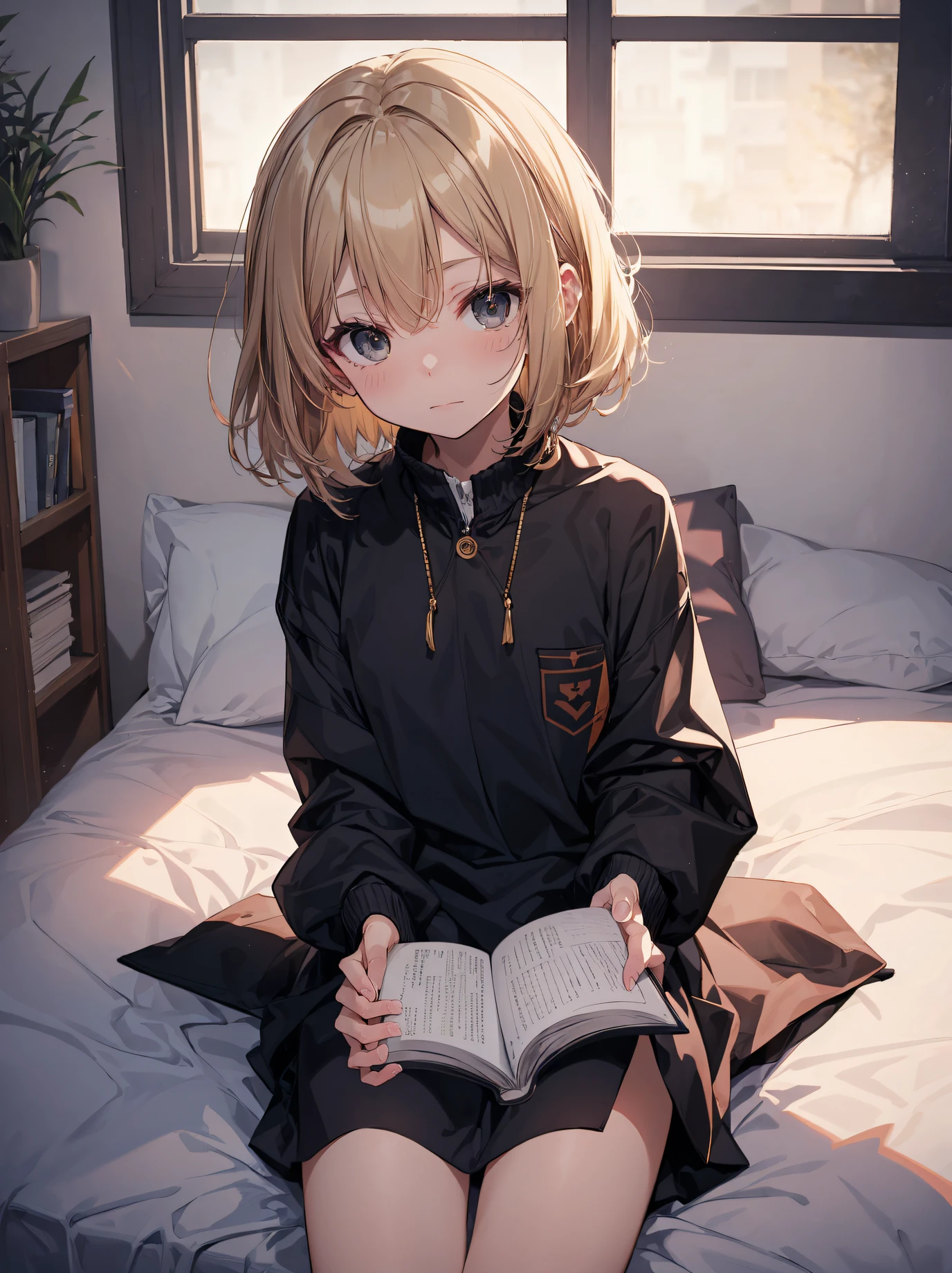 God quality, anime moe artstyle,best anime 8k konachan wallpaper,badass anime 8k,perfect anatomy, (Please Draw a picture of a girl lying on the bed and reading a book.),break, 1girl, (Solo,Loli,,13-ye-ol3),a ior high sccharm, (Very Short hair), Full limbs, complete fingers,flat chest, Small butt, groin, Small eyes,finely 8k detailed beautiful black eyes,Massage your vagina with one hand,masturbation,school Uniform, in the one's own room. break,ultra-detailed,high resolution,super detailed skin, professional lighting, (cool illustration:1.2),