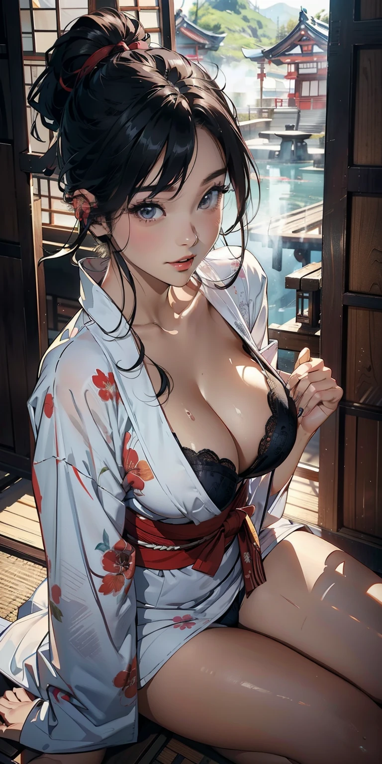 realisticlying、Backward view、Close-up from the ground、Thigh emphasis、My thighs are getting a little thicker too、25 year old girl with accentuated thighs、Wearing a white bra、Wearing a red yukata、Enlargement of breasts and emphasis on cleavage、Versatile sexy poses、Face smile、Japanese hot spring town Inakamachi、Emphasis on chest contour shading