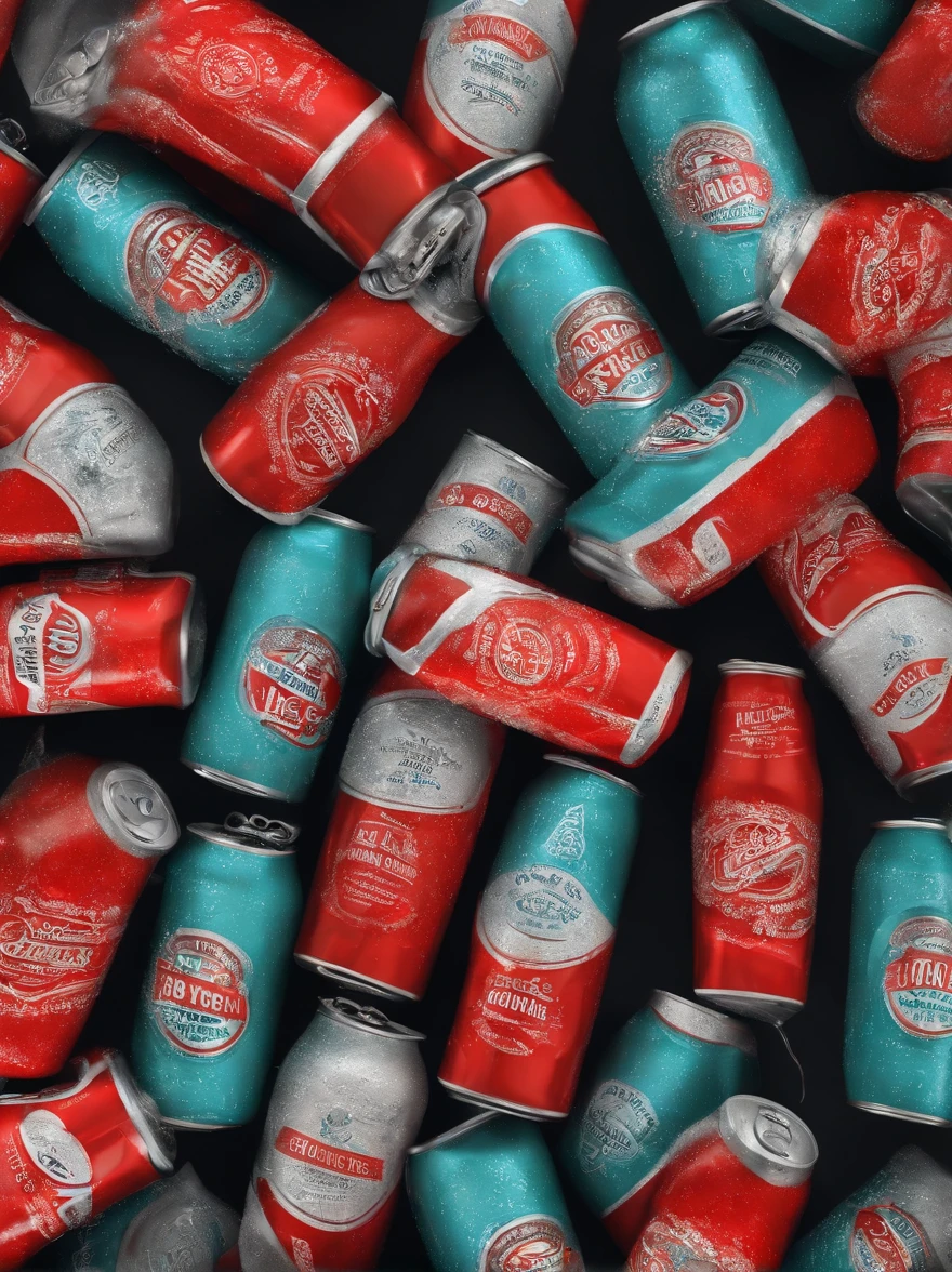 There are three cans of soda sitting on top of a block of ice, a digital rendering by Mathias Kollros, trending on Behance, conceptual art, sparkling dew, soda cans, sparkling water, drink, cans, sparkling spirits, cold drinks, packaging design, drinks, promo image, spring season, refreshing, high detail product photo.