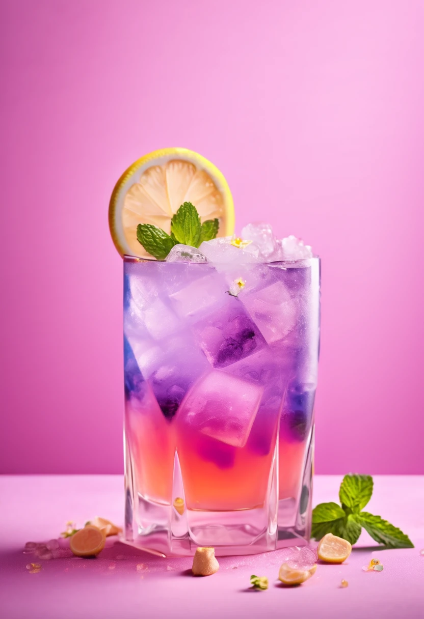 Refreshing and elegant, a beautiful layered cocktail, purple, blue and pink mug filled with crushed ice, decorated with lemon slices and delicate flowers, on a clean, minimalist pink background, Studio, SONY A7R II,90mm f,2.8 macro, bright, crisp colors, non-alcoholic cocktails, purple and pink cocktails, ginger beer, Sparkling water, translucent, honey, mint, food photography