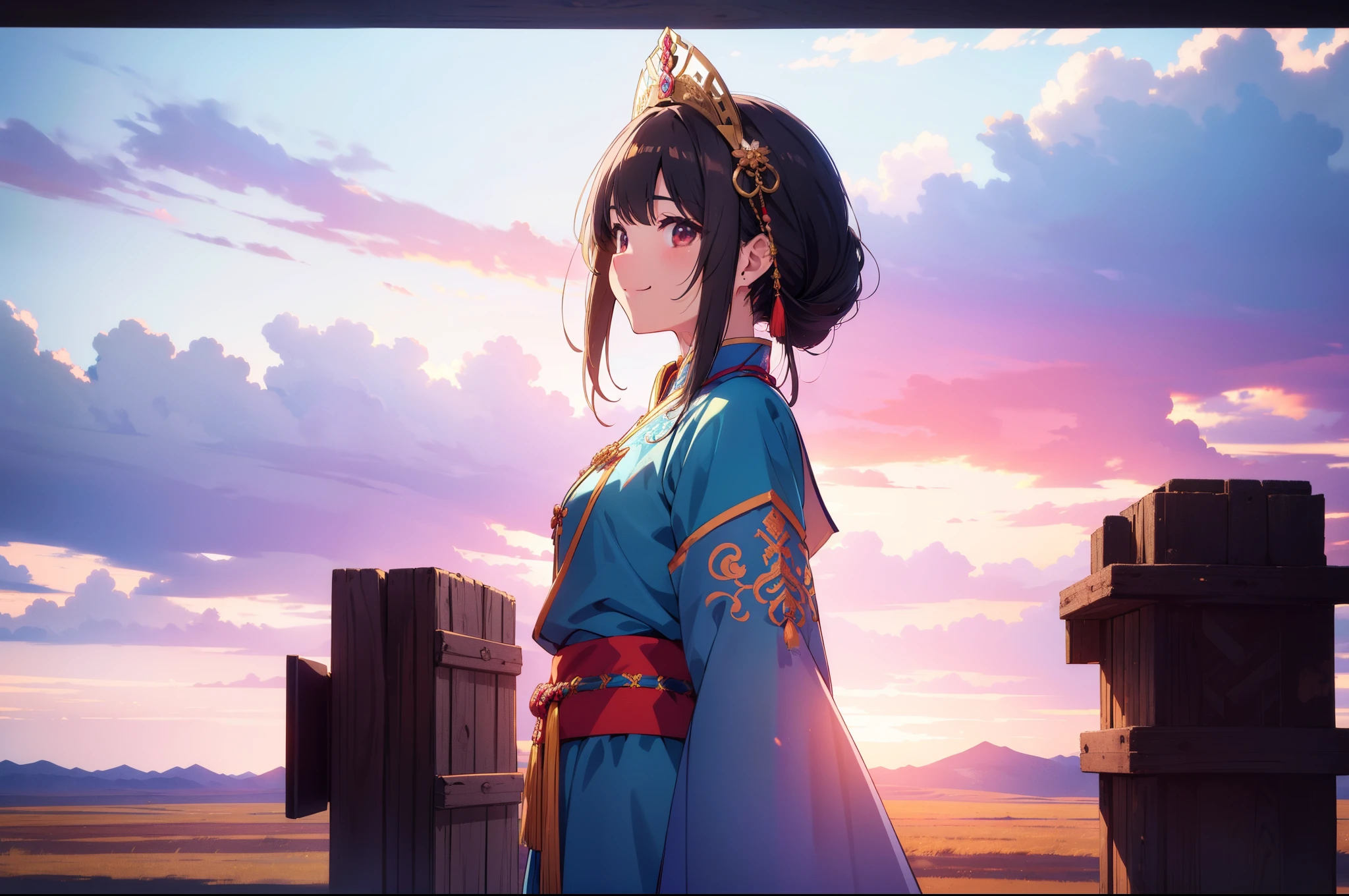1 cute girl , ( Mongolian traditional costume), horizon , prairie, from side ,cowboy shot, character focus, smile, cinematic lighting, high resolution,(incredibly absurdres) ,extremely detailed CG unity 8k wallpaper, ((masterpiece)), ((top-quality)), (beautiful illustration), ((an extremely delicate and beautiful))