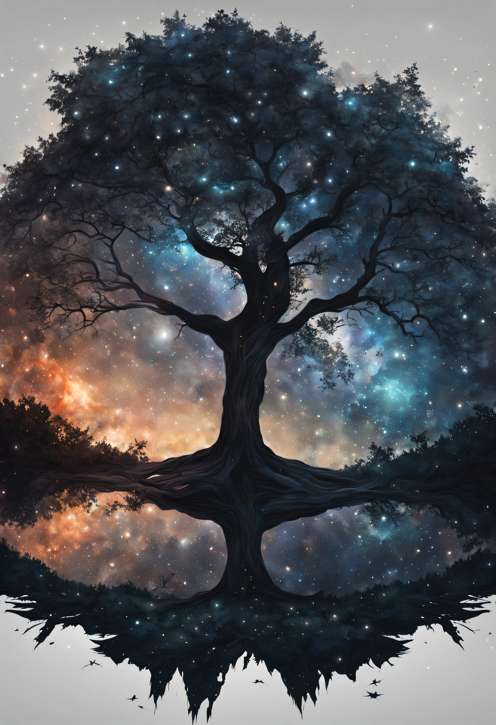 A beautiful view of space, galaxy and stars lying under a tree, it's very detailed and textured