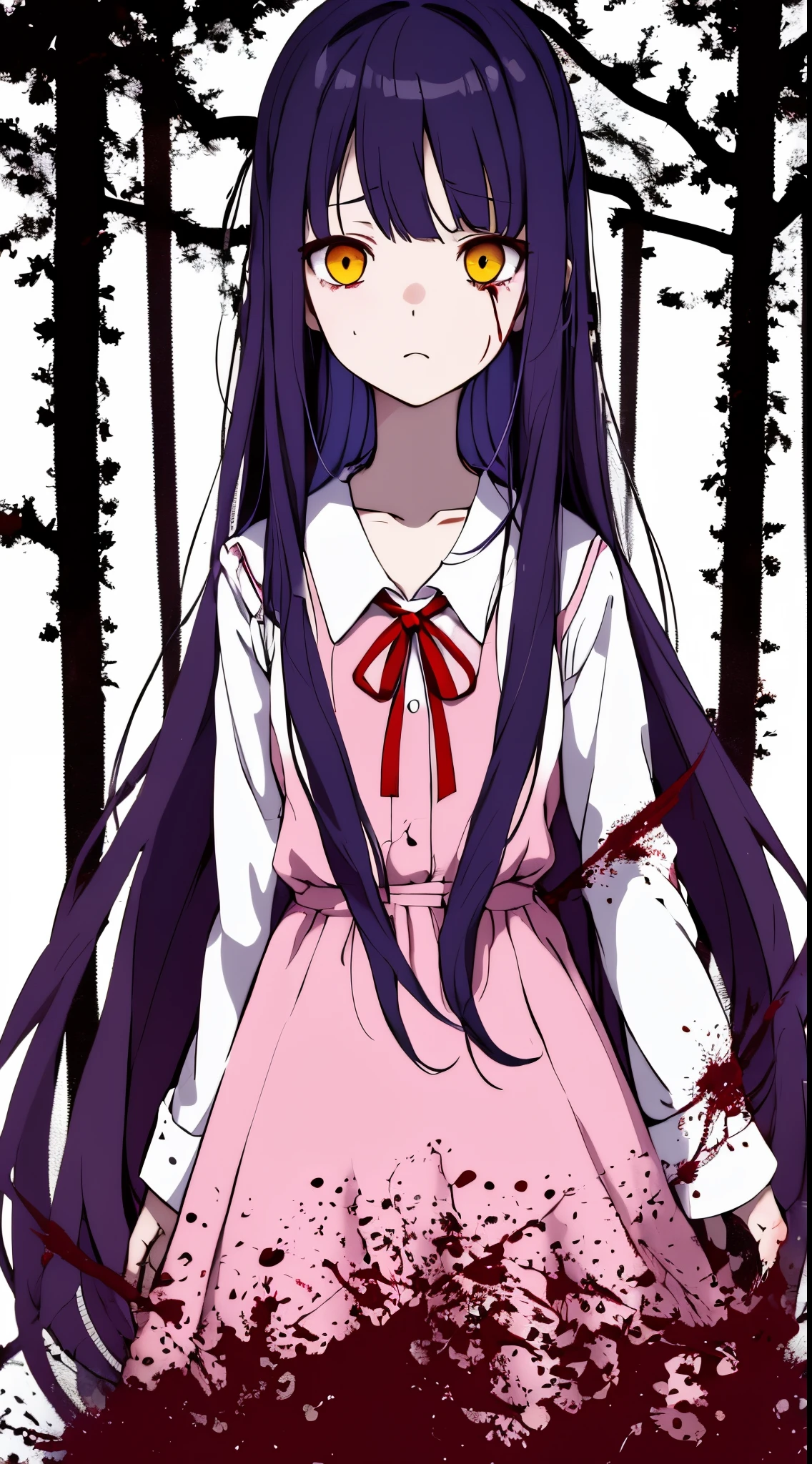 the anime, with schoolgirl, red ribbon around the neck, yellow eyes, pink dress, white sleeves, sad face, girl in depression, ((indigo hair)),  full height, Full-length girl, best Quality, blood, bloody girl, blood on hands