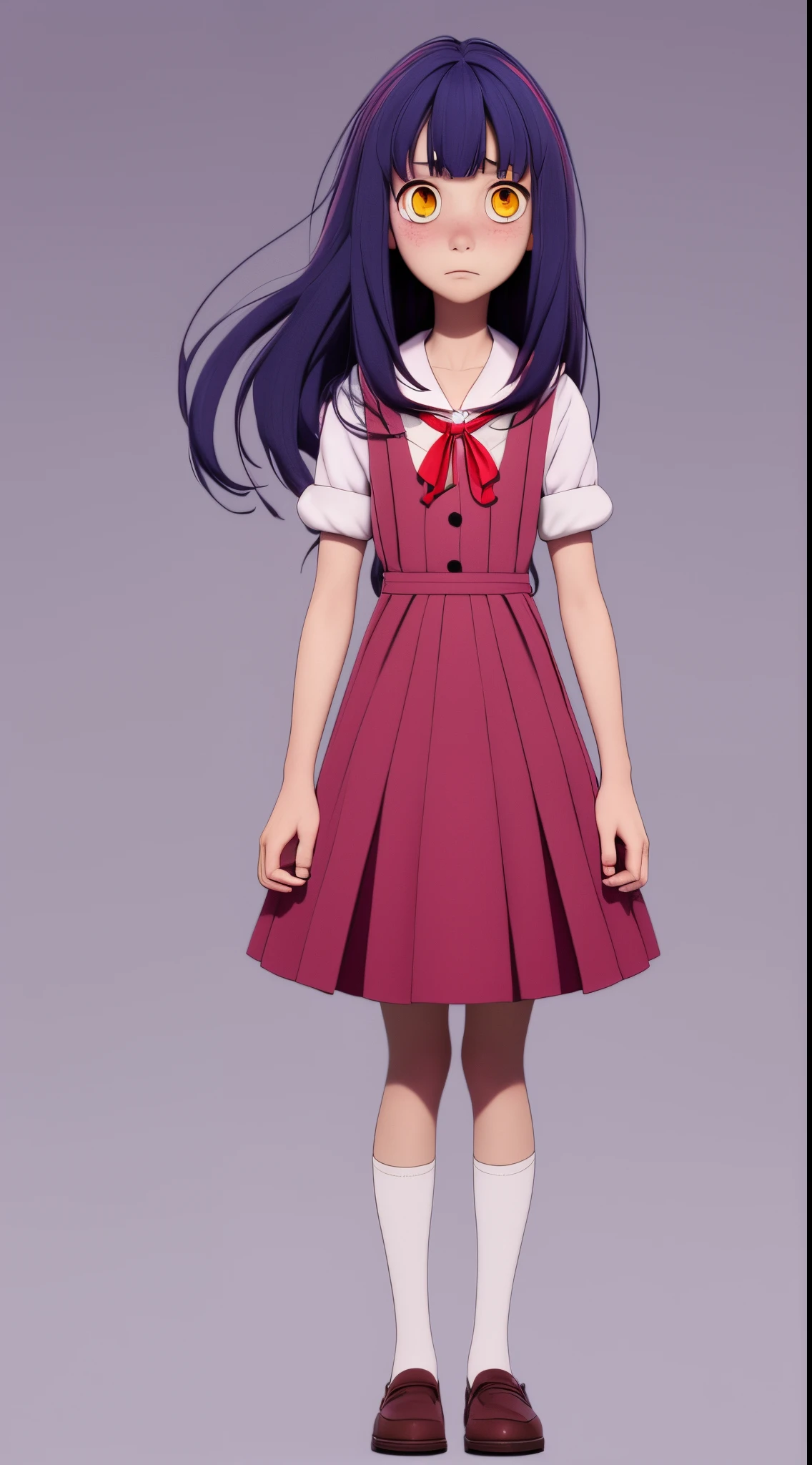 the anime, with schoolgirl, red ribbon around the neck, (indigo hair), yellow eyes, pink dress, white sleeves, sad face, girl in depression, full height, Full-length girl, beste-Qualit