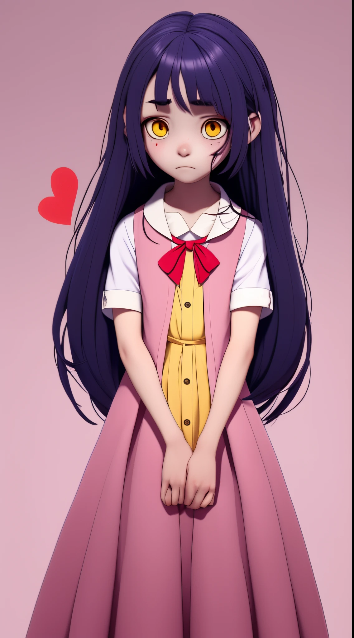 the anime, with schoolgirl, red ribbon around the neck, (indigo hair), yellow eyes, pink dress, white sleeves, sad face, girl in depression, full height, Full-length girl, beste-Qualit