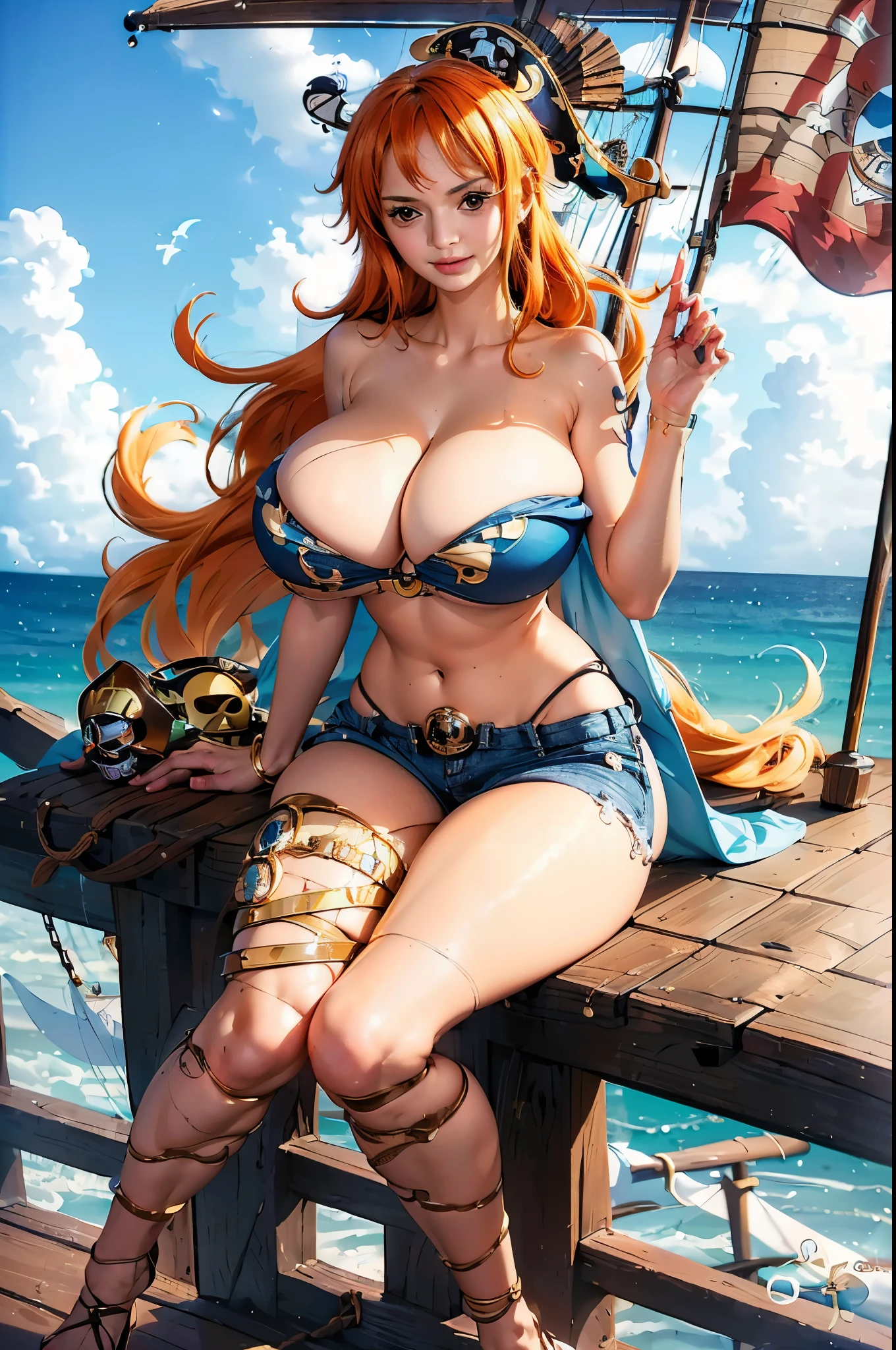 (generate nami from one piece anime with (((gigantic breast:1,9))), (silky long hair), (detailed pirate bra), (unbuttoned short jeans) ,(show cleaveage), on top of detailed pirate ship, top down bottom up pose, holding compass, straw hat, beautifull face, pretty face, beautifull eyes, beautifull nose, sexy lips, polished nails, raytracing beautifull fingers, beautifull hands, sexy belly, sexy body, sexy shoulders, sexy legs, sexy hips, (luxury bracelet), (luxury ring), (luxury necklace), blue eye, (4 fingers in 1 hand), white skin, full body picture, pretty makeup, blush, ((right shoulder tattoo)), (attractive eyes), (cg realistic), 8k, hyperdetail, ((anchor tattoo on arm)), masterpiece, best quality:1.2),(8k,highres,RAW photo,realistic,photo-realistic:1.3),(detailed skin texture,detailed cloth texture,beautiful detailed face:1.25),professional lighting,photon mapping,beautiful soft light,radiosity,physically-based rendering,model shoot style, model shoot style, (extremely detailed CG unity 8k wallpaper), full shot body photo of the most beautiful artwork in the world, complex 3d render ultra detailed, looking at viewer, 18 yo, wet hair, real human skin, vibrant details, hyperrealistic, beautiful, octane render, 8k, best quality, masterpiece, an extremely delicate and beautiful, extremely detailed ,CG ,unity ,wallpaper, (realistic, photo-realistic:1.37),Amazing, finely detail, masterpiece,best quality,official art, extremely detailed CG unity 8k wallpaper ,extreme detailed eyes, (perfect face), shiny skin, colorful, highest detailed, vibrant colors, ultra high res, (high contrast), intricate, lens flare,