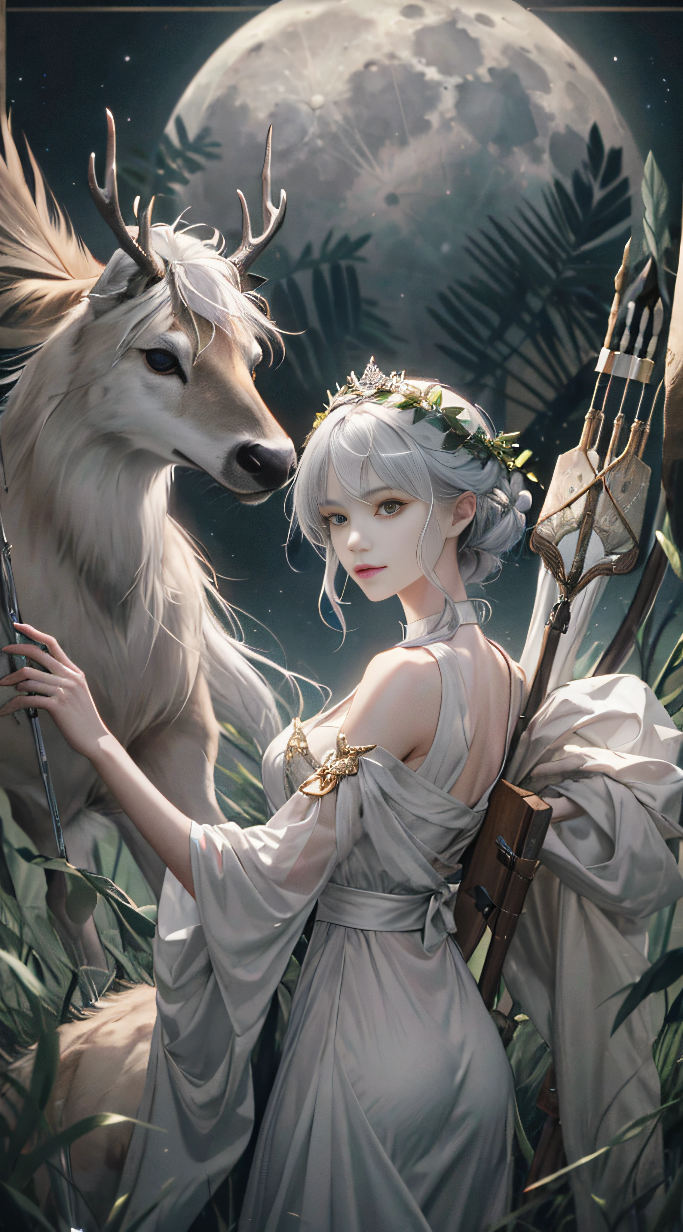 Absurd, high quality, ultra detailed, masterpiece, Cancer Zodiac sign , Greek Mythology, Artemis, the goddess of the hunt,silver hair, the moon, a young and athletic woman, in the company of wild animals and carrying a bow and arrows. wearing a short hunting tunic or a flowing gown suitable for outdoor activities. a quiver full of arrows strapped to her back. a silver bow, deer and other woodland creatures. wearing a crown or a wreath of laurel leaves, youthful and radiant, with a determined and focused expression. Artemis embodies attributes such as independence, strength, and purity. a powerful and independent goddess, embodying the spirit of the hunt, the moon, and the natural world. Her appearance reflects her affinity for nature, her skill in hunting, and her role as a guardian of wildlife , whole body , solo , beautiful eyes