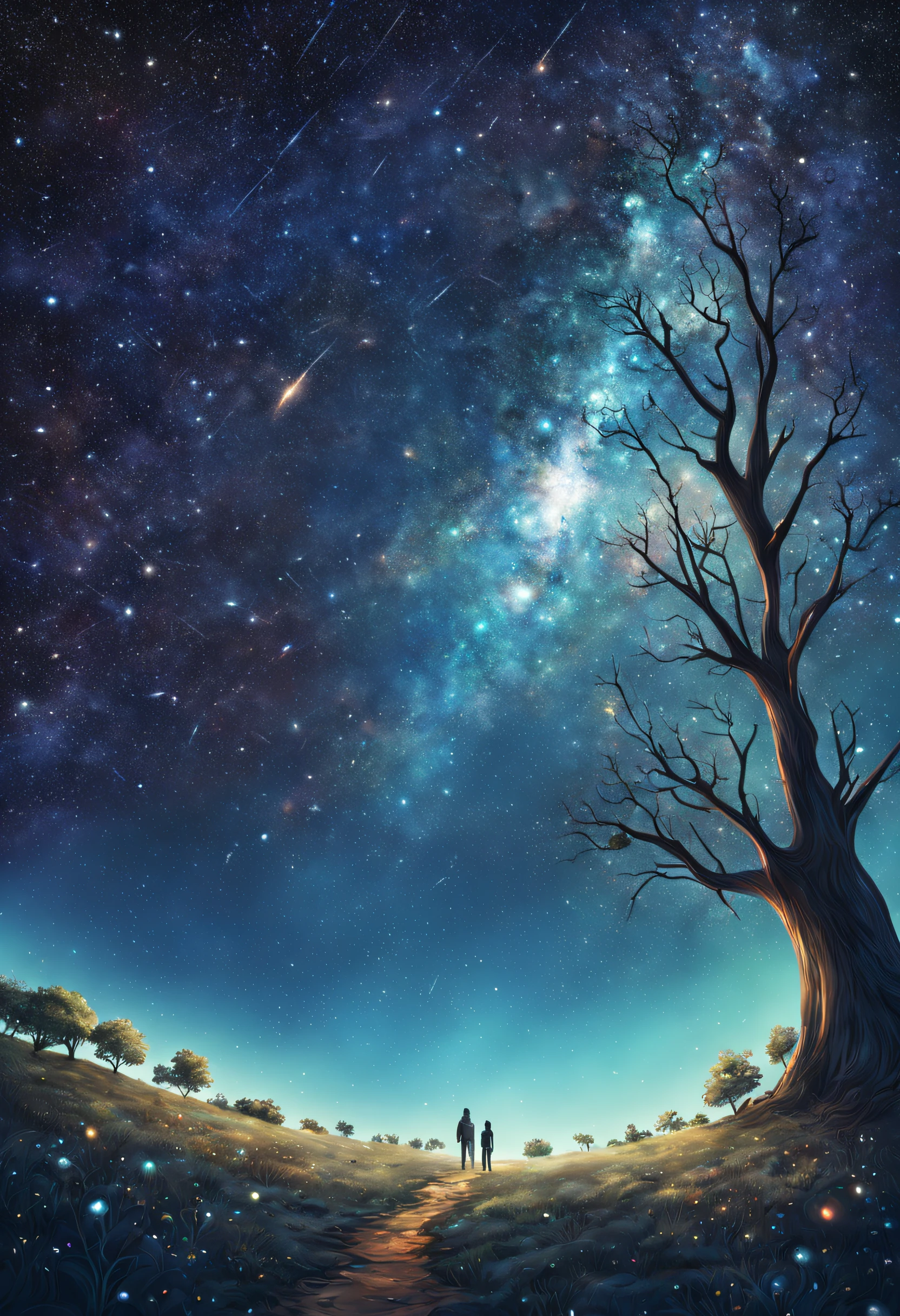 A beautiful view of space, galaxy and stars lying under a tree, it's very detailed and textured