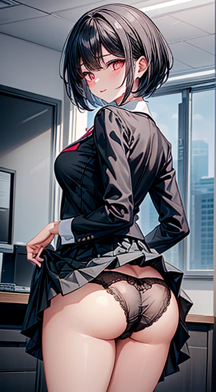 1girl, (office worker), (looking back:1.6) , (from behind view), one hand on a desk, (lifting her skirt up , panties aside:1.6), (voluptuous lips), smiling full of delight, smiling full of compassion , (kissing face, incoming kiss), half opened mouth, (heart shaped pupils:1.6), blushed cheek, super beautiful, perfect body, medium large breast, thin eyebrows, top quality,(glossy black hair, extra short hair, bobstyle, straight bang), wearing business attire, it consists white frilled dress shirt, dark gray suit jacket and dark gray knee length tight skirt, the frill on shirt is very delicate and compilaced pattern, at a large office with a lot of computer, dark outside the window, 8k, ultra detailed, masterpiece,