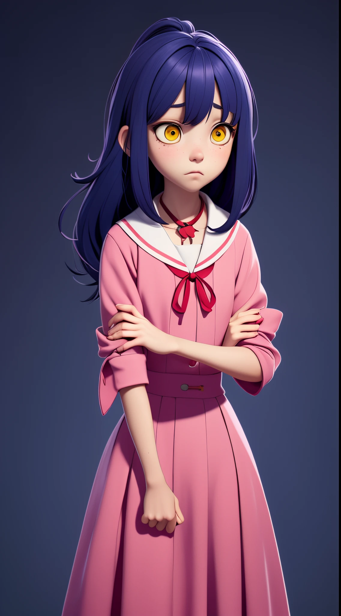 the anime, with schoolgirl, red ribbon around the neck, (indigo hair), yellow eyes, pink dress, white sleeves, sad face, girl in depression, full height, Full-length girl, beste-Qualit