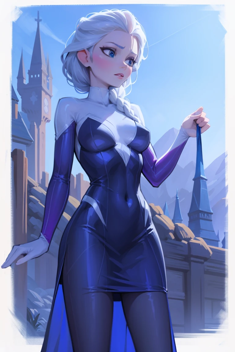 Elsa of arendelle wearing Spidergwen costume, Spidergwen costume, blue icey costume, braid