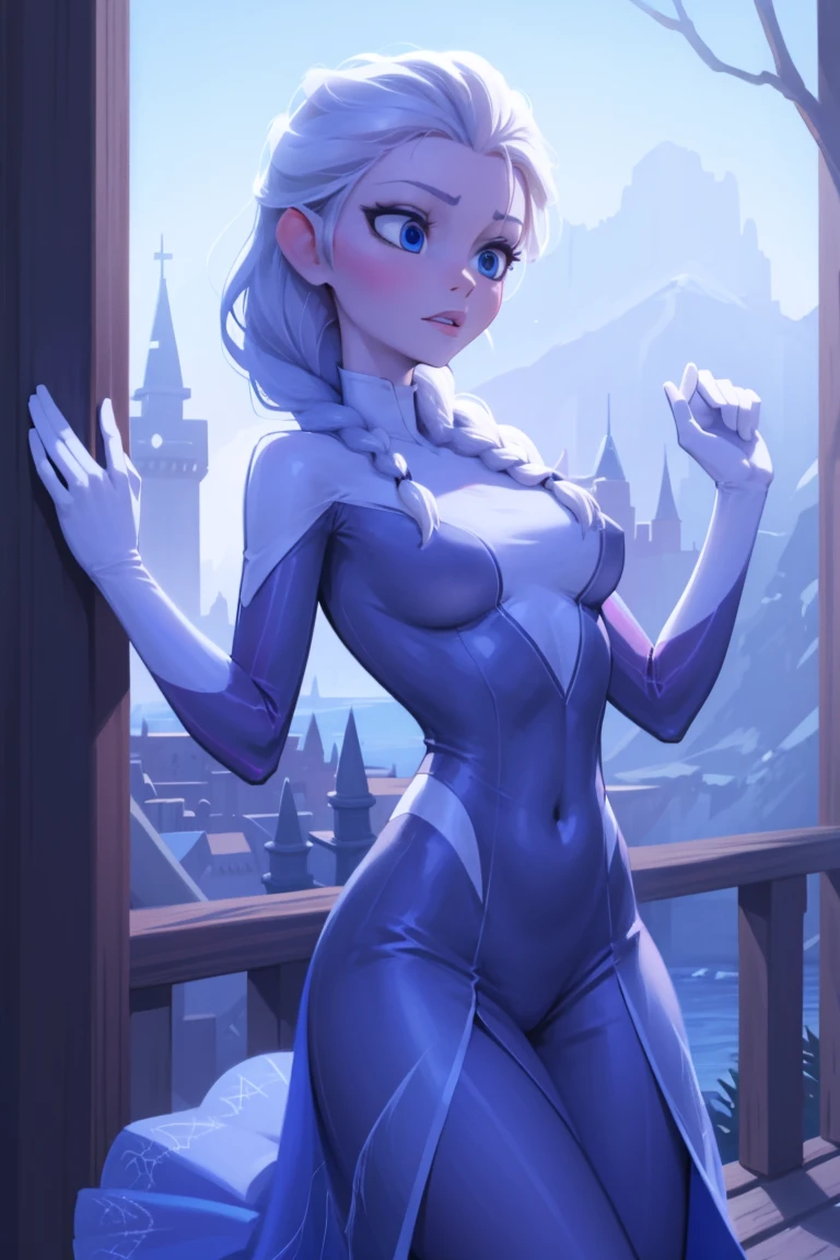 Elsa of arendelle wearing Spidergwen costume, Spidergwen costume, blue icey costume, braid