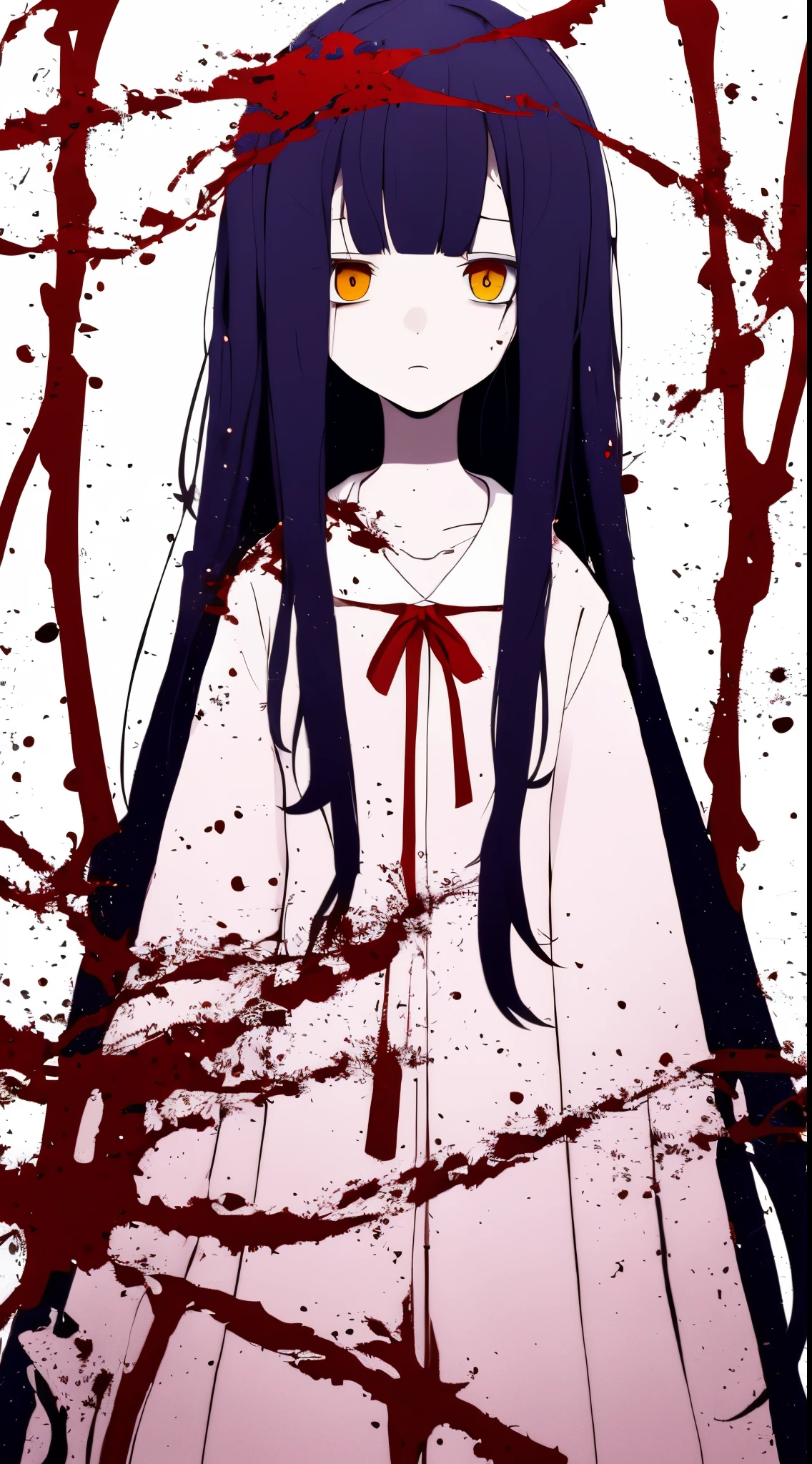 the anime, with schoolgirl, red ribbon around the neck, yellow eyes, pink dress, white sleeves, (indigo hair), sad face, girl in depression, full height, Full-length girl, best Quality, blood, bloody girl, blood on hands