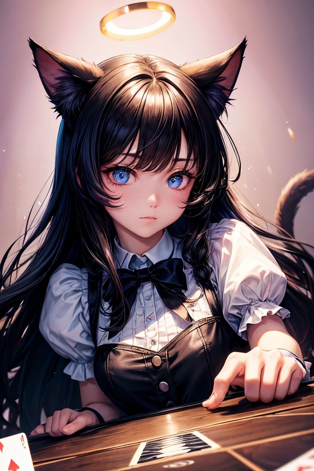 Top quality, high resolution, perfect human structure, background focus, front view, glowing hair, cat ears, black hair, Alice in Wonderland, playing cards, bright, gradient eyes, swept bangs,