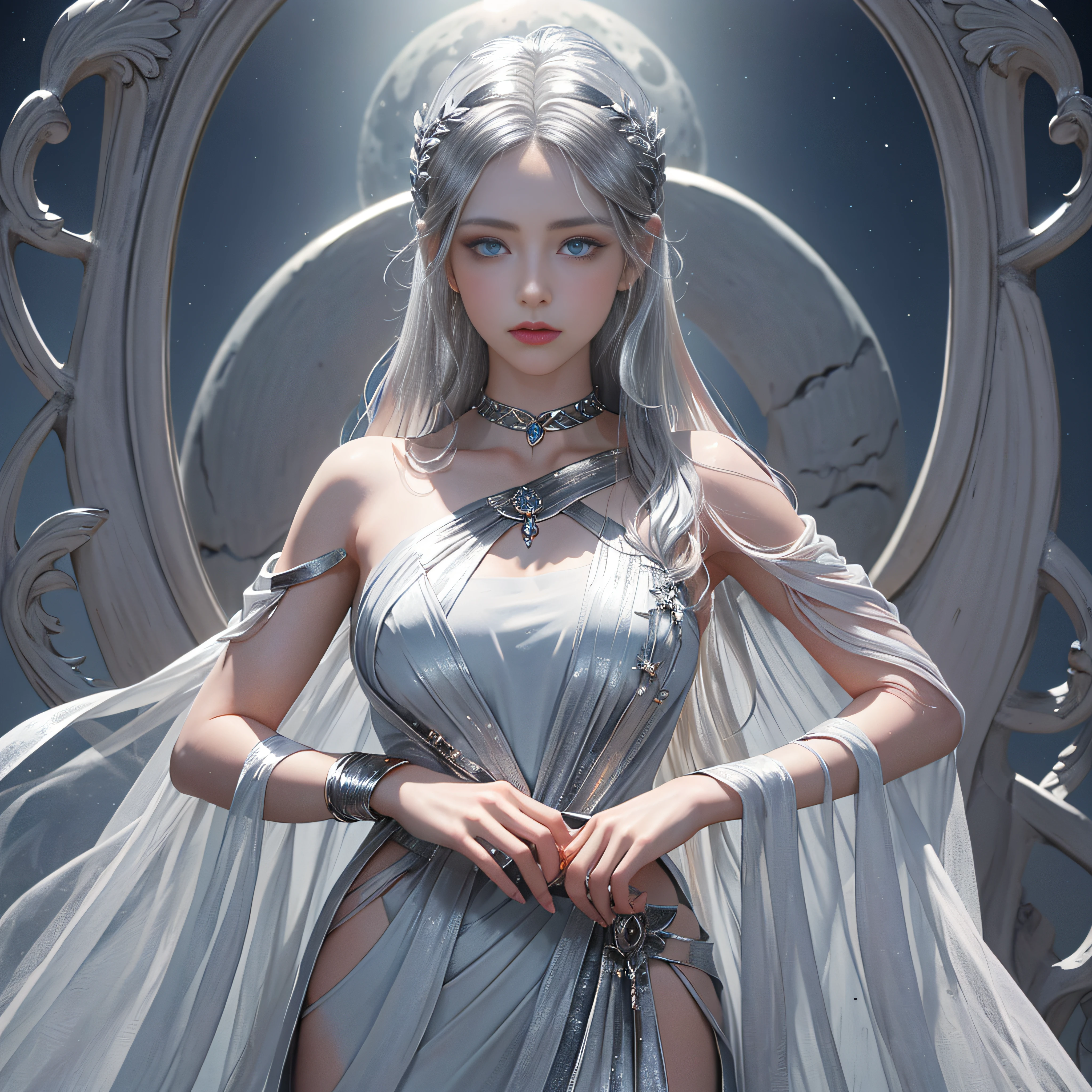 (((Greek goddess)))best quality, very high resolution, 4K detailed CG, master piece, fictional art, beautiful and detailed eyes, beautiful and detailed irises, RAW photos, best photos, Greek mythology, artemis, goddess of hunting, beautiful clear face and well-proportioned eyes, very beautiful and meticulous hair makeup, (long and delicate silver hair, delicate, body image: 1.8),(high skin detail: 1.1), plantations, Greece,, (super large blue moon background), (( goddess artemiss)),greek mythology, goddess of cultivation, aesthetics, Beautiful image, centered on the screen, aurora beautiful and flowery, (more details:0.8), light blue silk costumes, Greek mythology costumes, vivid colors, wide hips, strong muscles line, best hair jewelry, Multiple poses and expressions, (bow in her hand)