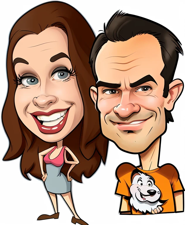 caricatura de desenho animado de um homem e uma mulher com um gato, estilo caricatura, caricatura, caricature illustration, caricatura!!!, charicatura, in cartoon style, cartunesco, caricatural, imagem dos desenhos animados, atrevido!!!, desenho animado bobo, caricaturista, arte dos desenhos animados, pre - historic cave man family, arte digital dos desenhos animados, hot, Detalhes adicionais, cartoonish funny