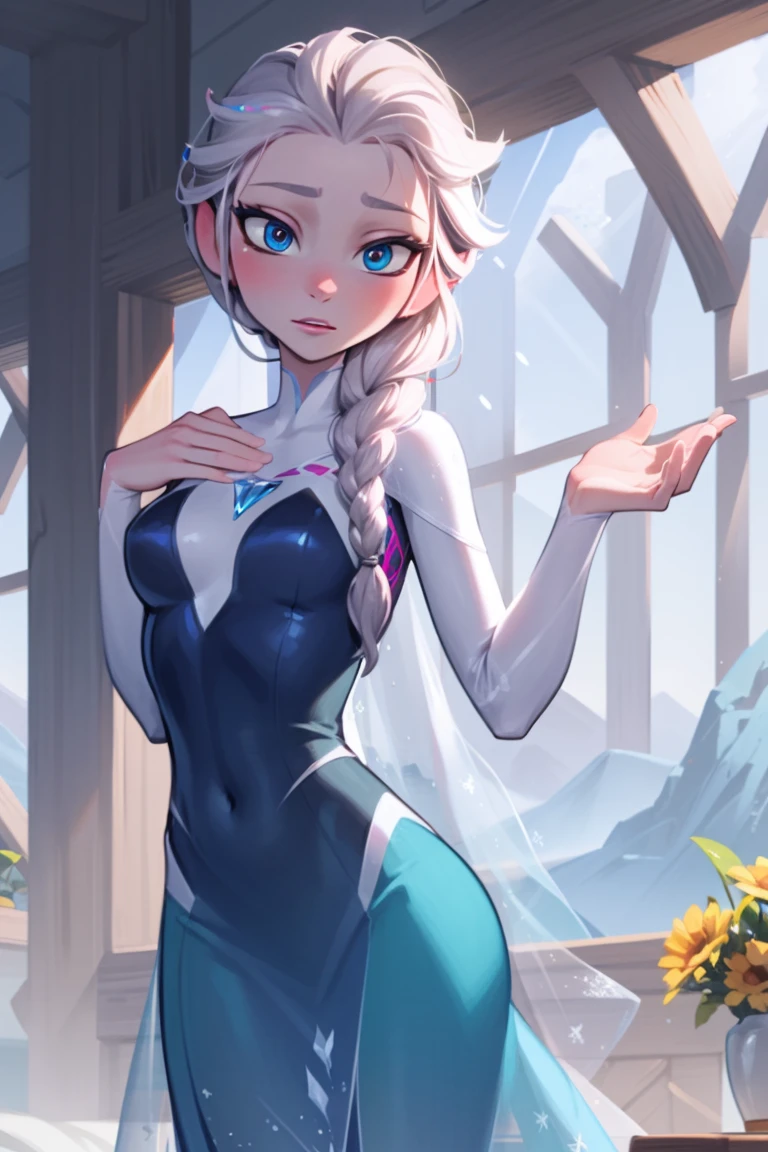 Elsa of arendelle wearing Spidergwen costume, Spidergwen costume, blue icey costume, braid, human ears, Elsa of arendelle, elsa of arendelle, blue ice dress, single braid
