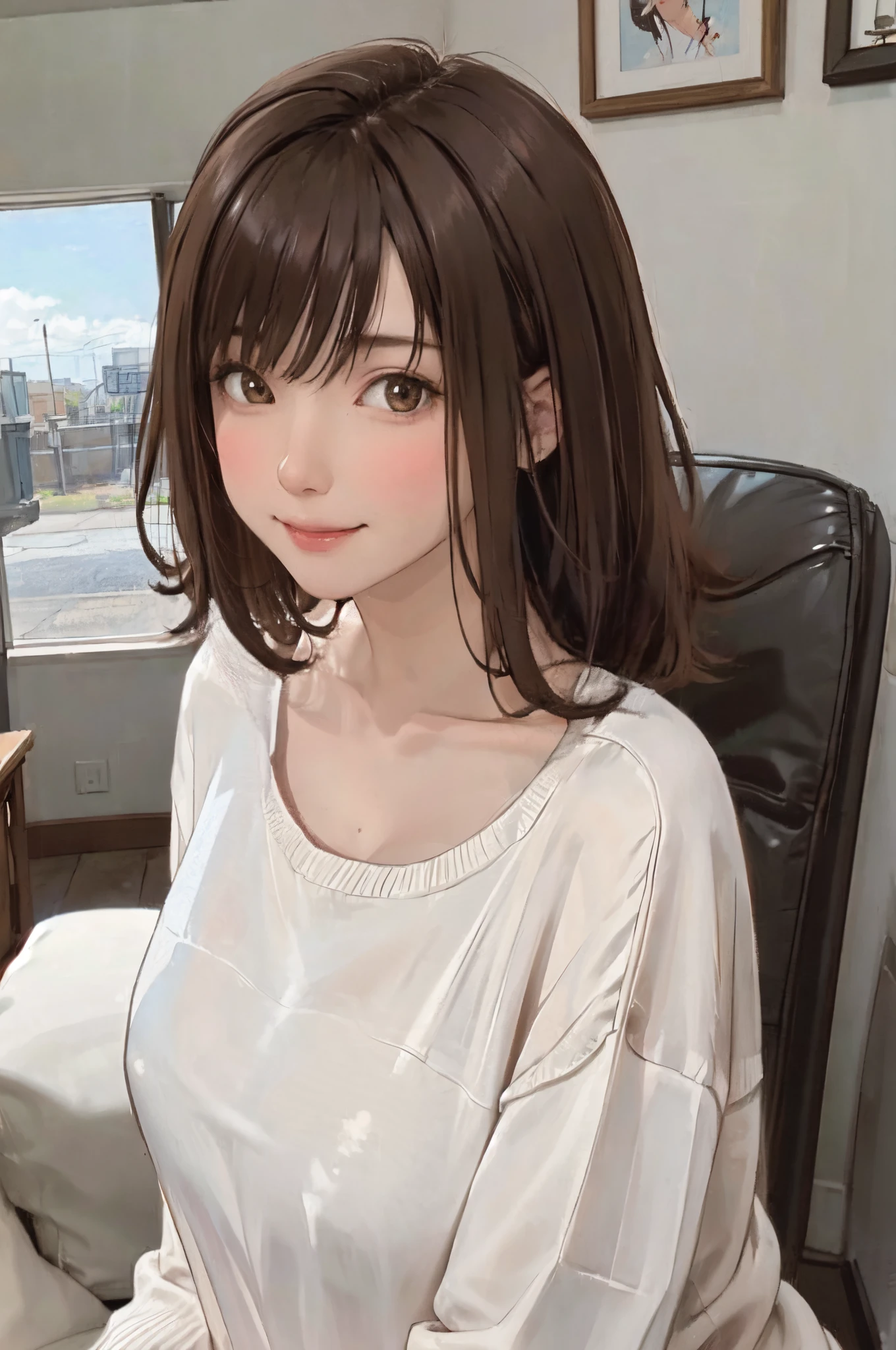 1lady standing, /(oversized sweater/) v-neck, mature female, /(brown hair/) bangs, blush kind smile, (masterpiece best quality:1.2) delicate illustration ultra-detailed, large breasts pantyhose BREAK /(modern house living room/) indoors