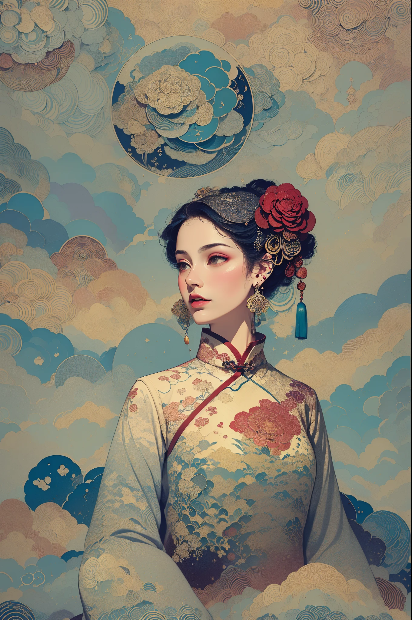 (masterpiece, top quality, best quality, official art, beautiful and aesthetic:1.2), (1girl:1.3), extremely detailed,(fractal art:1.1),(colorful:1.1)(flowers:1.3),highest detailed,(zentangle:1.2), (dynamic pose), (abstract background:1.3), (chinese Traditional cloth:1.2), (shiny skin), (many colors:1.4), ,(earrings:1.4),
