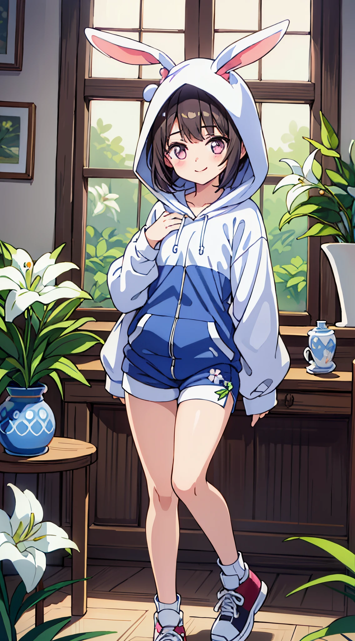 (Absurd realistic structure details),(High resolution complex and detailed text quality),(High-resolution microstructure, rendering correction),Methods of geometry,Careful explanatory anatomy,
BREAK,
1girl in, ( girl), Very detailed, colourfull, highest details, 1 beautiful girl, Solo,(Cute:1.5),(Chibi:0.8), (kawaii:1.5),(Lori:0.5),(girl, Cute, Cheerful, Loli face, slightly bulging chest),(A dark-haired,Disheveled short bob,tareme,Pink eyes:1.2),(sano,A smile,Bad face:1.2), (White rabbit ear headband:1.2),Shiny skin,Clear skin, Beautiful skin,(best quality face),(Top quality glowing eyes), BREAK (Transparency Theme:1.4), (Vivid colors:1.3), (Oversized white hoodie,with floral pattern:1.2), Hood down, (biker shorts:1.25), (sneakers:1.22) , Drawstring,hands on pockets, Hands in pockets, BREAK,
BREAK, ((Wonderland)),inside in room,Gothic decoration,((parrot, cup,flower, hoods,Indoors, Lily \(flower\),plant, potted plant, Standing, The table, vases, white blossoms, window:1.5),(symbolic:1.2),depth of fields,
BREAK,wakame,wakame,wakame,(Dynamic Angle:1.4),
BREAK,(Blurry background:1.3),(absurderes, hight resolution, Super Detail Art),cel shading,Clear Color, Lonely optical effect, Beautiful pictures, Bright glow, mystic atmosphere,(Close-up of girl:1.1), Mystical light particle effect,manga influence, clean line drawings,