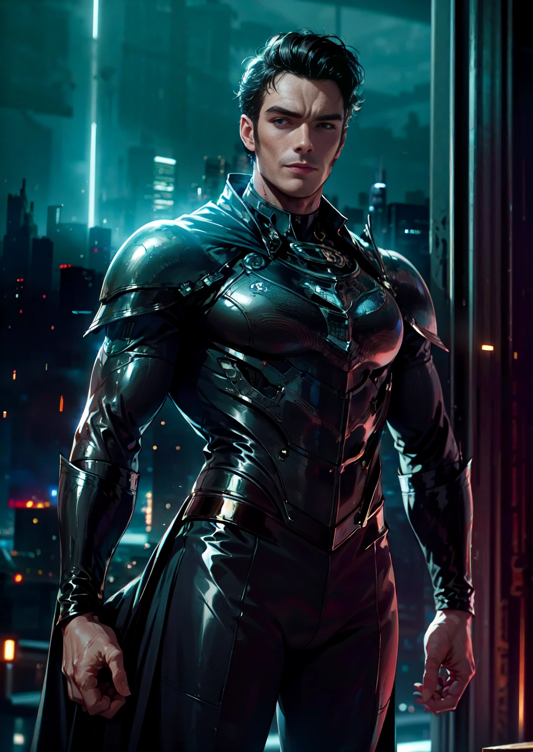(best camera angles), masterpiece, high-quality, ultra-realistic, (Richard Madden), blue eyes, black hair styled to perfection, (formal Latex attire, stylish suit:1.2), confident smile, (powerful posture:1.1), (city skyline:1.2) in the background, (night scene:1.1), (moody lighting:1.2).