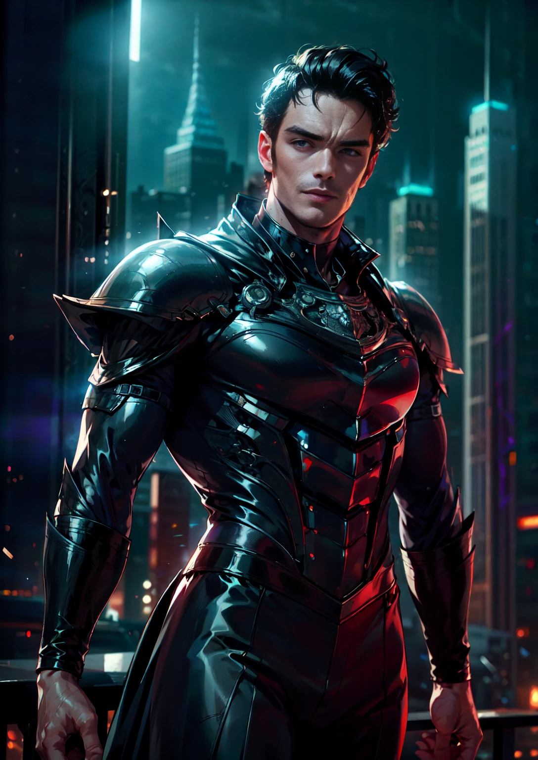 (best camera angles), masterpiece, high-quality, ultra-realistic, (Richard Madden), blue eyes, black hair styled to perfection, (formal Latex attire, stylish suit:1.2), confident smile, (powerful posture:1.1), (city skyline:1.2) in the background, (night scene:1.1), (moody lighting:1.2).