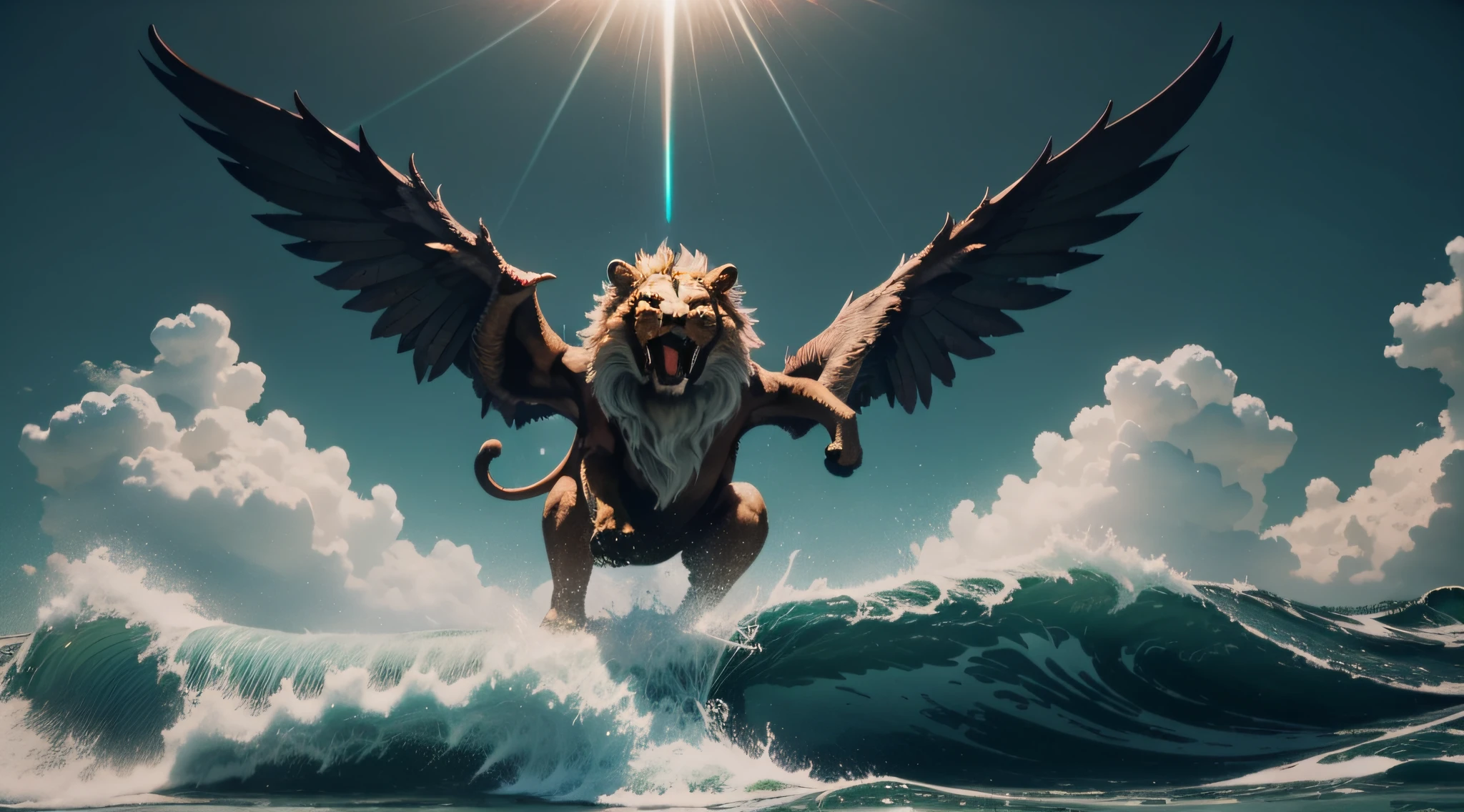 a winged lion Roaring rising from a huge sea wave, Morning light, smooth lighting, epics, Arte realista, estilo cena de filme, (background lighting: 1.2), (flowering: 1.2), (brilhantes de luz: 1.1), (chromatic aberration: 1.2), sharp fokus, Alto contraste, (cinematic lighting: 1.2), imagem de trailer de filme, filme de fantasia, (screen lighting: 1.1) Realismo, Ultra-Grande Angular, 135 mm, Atmospheric perspective, 8k, Super Detalhe, Premiado, pele texturizada, Super Detalhe, 16k, anatomicamente correto, palestinian flag