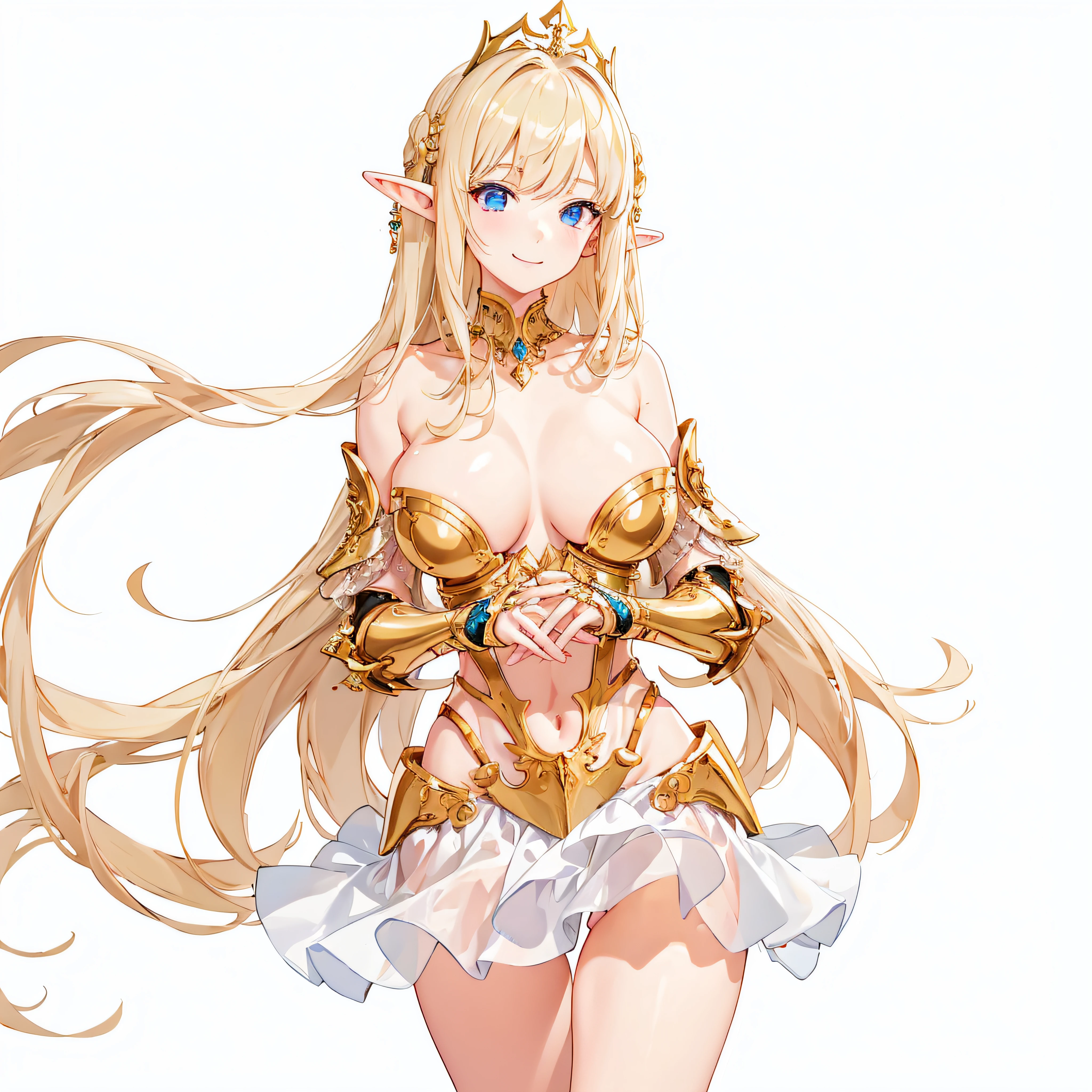 masterpiece、top-quality、ighly detailed、hight resolution、16k、fullnude、teats、Boob proportions、golden armour、Very thin skirt、Black pants、Full body like、Very white skin、Beautiful fingers、Anime girl with very big breasts posing naked、Perfect Style、elvish、no-bra、Blonde blue-eyed、A smile、An elf girl