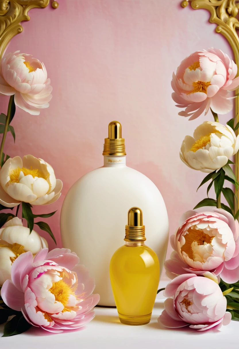 Commercial photography, golden bottles of sunscreen, Alice in Wonderland, giant peonies as a backdrop, in soft pinks, whites and yellows, highlighting natural and fairytale elements while maintaining some saturation. A sense of stability and visual balance is created through the use of symmetrical compositions and diagonal lines. A sense of mystery and layering is created using depth of field and the use of light and shadow. Borrowing from Disney Fairy Tale Weddings, extreme clarity, dreamy, stylish and artistic, artist Tim Walker