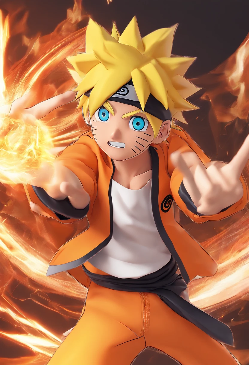 Naruto Uzumaki, wearing orange jump suit, blonde hair, konoha headband with konoha symbol, black trousers, 8k, ultra detailed, anime , disney pixar style art,