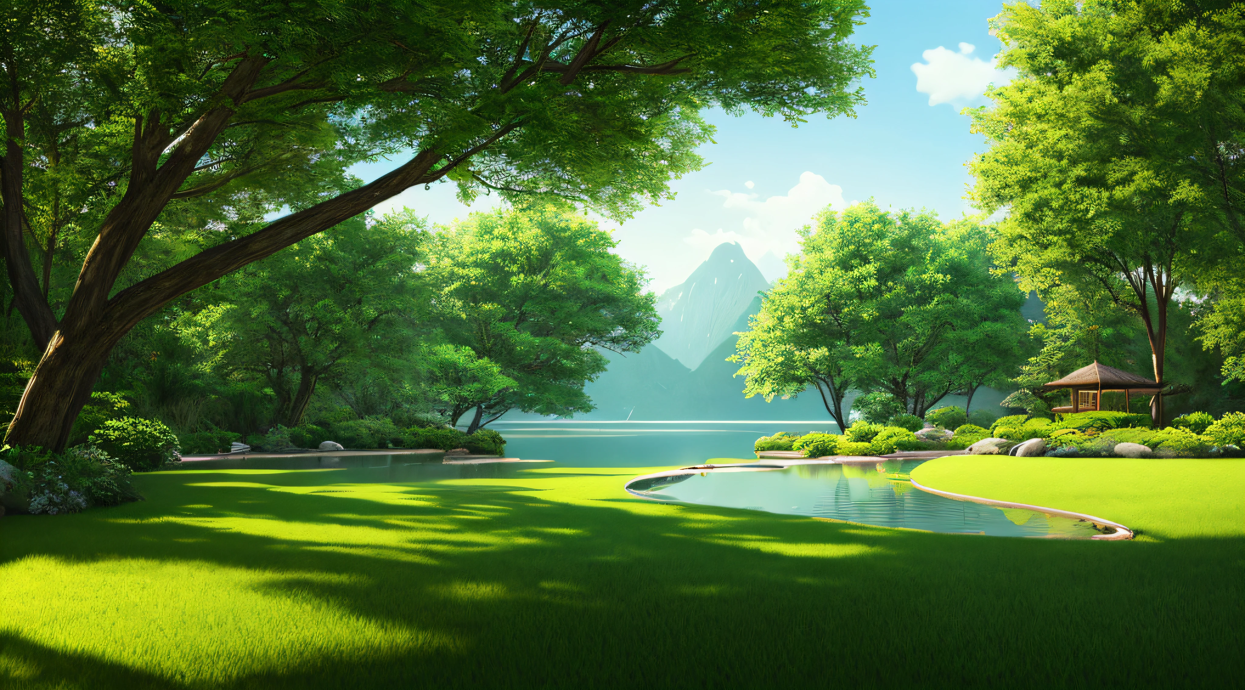 A serene place, very pleasant, beautiful, calm and beautifully landscaped. photorealistic, 8k uhd, studio quality, ultra realistic, maximum detail, large scale, postprocessing, photorealistic, photorealistic, photoshop, photography, detailed, cinematic lighting, landscape, panorama, scenery, ray tracing, cinema4d