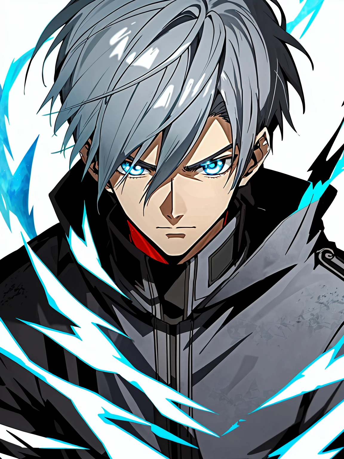 Silver-gray hair、blue color eyes、Wearing black jacket and blue flames, Key anime art, male anime characters