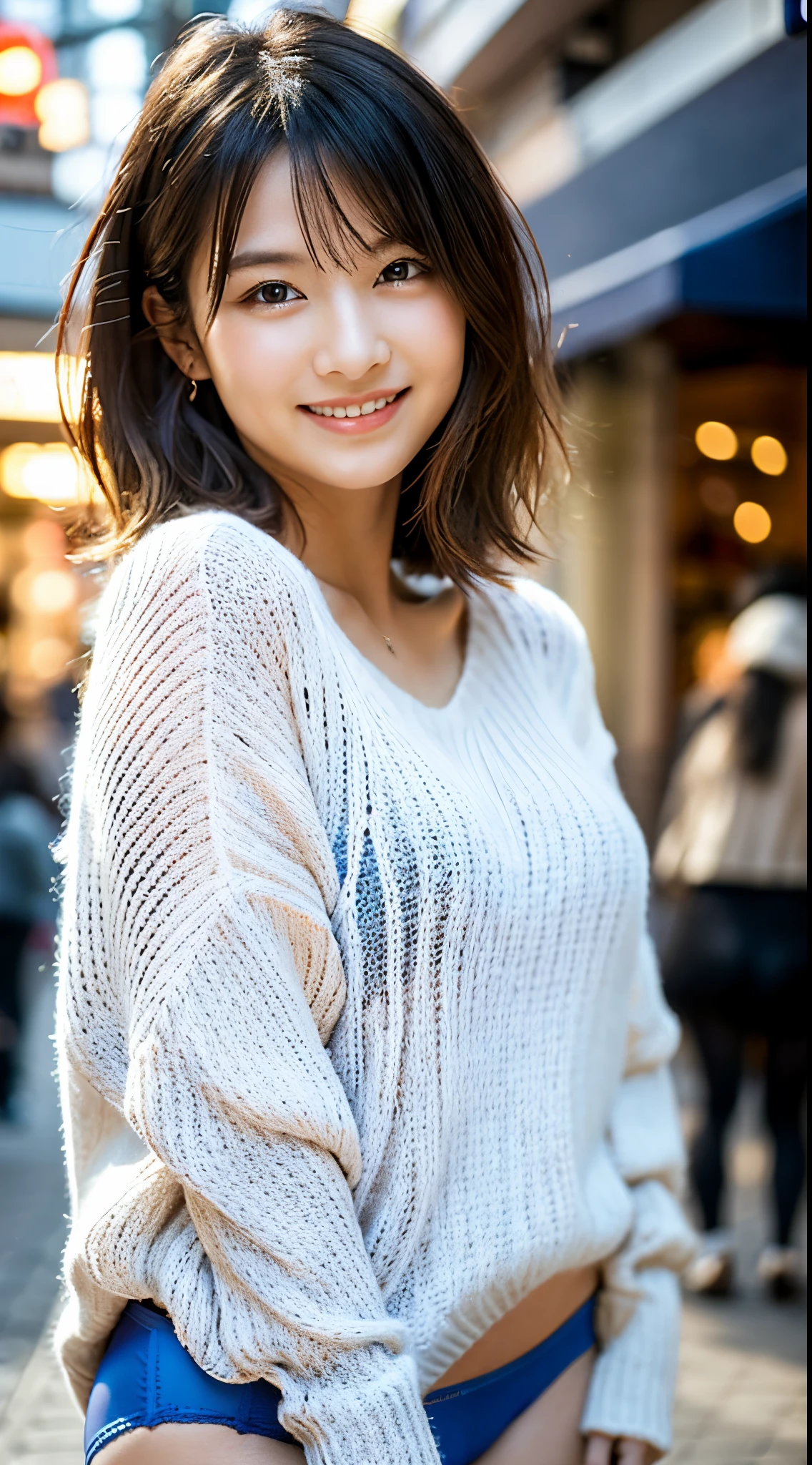 ((large loose white sweater))、short-hair、(((Dark blue wool panties)))、((1人))、(((Sugamo shopping street)))、((Glamour))、(((Beautiful adult woman)))、((Posing cutely))、((A slight smil))、Photorealsitic、Beautiful detailed eyes、Hyper-Realism、highcontrast、Ultra HD、realistic skin textures、Top image quality、top-quality、超A high resolution、Fine details、Very meticulously