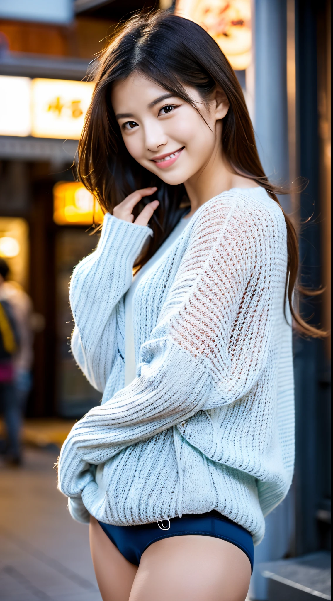 ((large loose white sweater))、(((Dark blue wool panties)))、((1人))、(((Sugamo shopping street)))、((Glamour))、(((Beautiful adult woman)))、((Posing cutely))、((A slight smil))、Photorealsitic、Beautiful detailed eyes、Hyper-Realism、highcontrast、Ultra HD、realistic skin textures、Top image quality、top-quality、超A high resolution、Fine details、Very meticulously