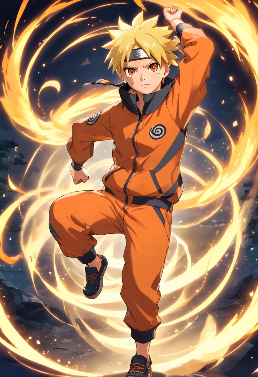 Naruto Uzumaki, wearing orange jump suit, blonde hair, konoha headband with konoha symbol, black trousers, 8k, ultra detailed, anime , disney pixar style art,