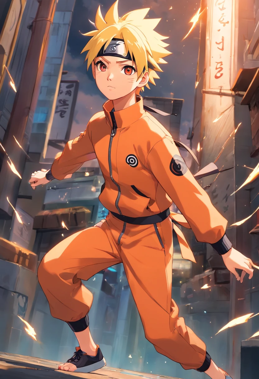 Naruto Uzumaki, wearing orange jump suit, blonde hair, konoha headband with konoha symbol, black trousers, 8k, ultra detailed, anime , disney pixar style art,