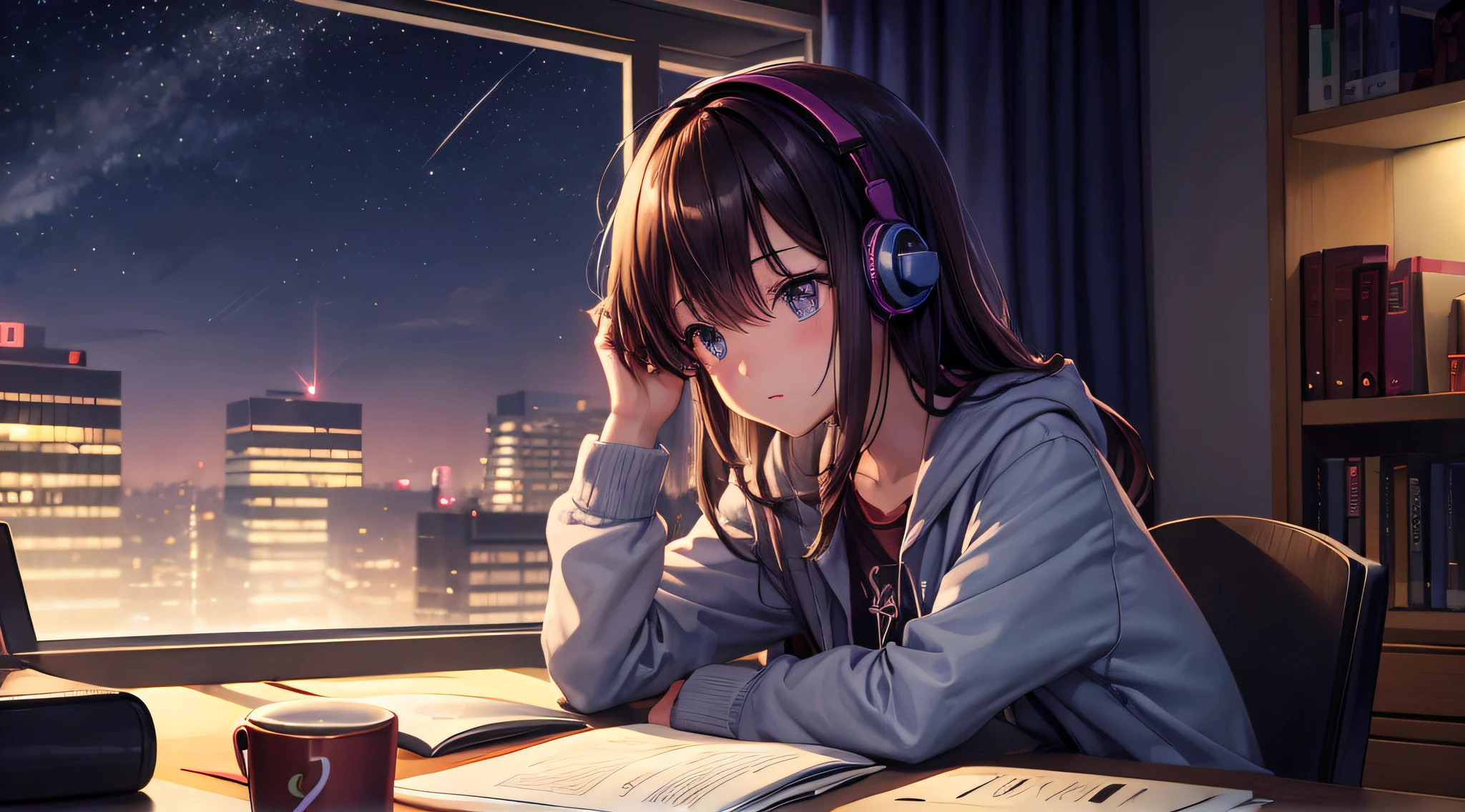 Loepfe music anime illustration, A close-up of one, Girl studying in the room, There are books, laptop,  Night city view, Listen to music while studying, Nice atmosphere，The room was a bit dark