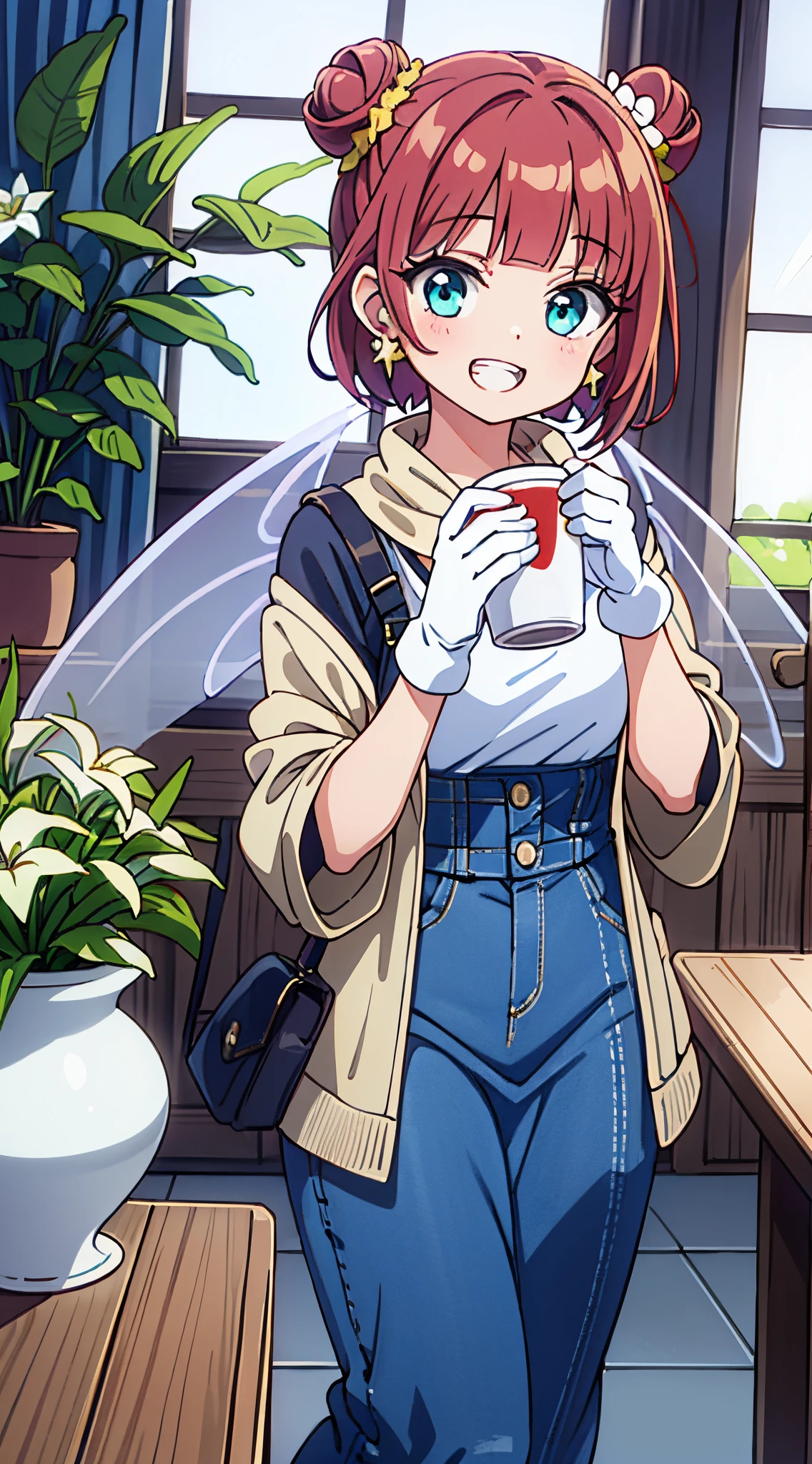 (Absurd realistic structure details),(High resolution complex and detailed text quality),(High-resolution microstructure, rendering correction),Methods of geometry,Careful explanatory anatomy, masutepiece,Best Quality,
BREAK,
(17 years old girl), 1 beautiful girl, (Cute:1.5), (Chibi: 0.8), (kawaii: 1.5), (Lori: 0.5), (17 years old girl), BREAK(Red hair, short-hair,2 hair buns,Blunt bangs:1.4),(:D,grin:1.3),{Heterochromia,pale blue eyes,pale green eyes, Eye Highlights,The first hyperfine stars:1.5},star eye silhouette,(long eyelashes, Double eyelids:1.2),(de pele branca),BREAK,Clear skin,Beautiful skin, ,(best quality face),(Top quality glowing eyes),(The best smile,:D:1.45), BREAK ,
BREAK (Denim jacket:1.2), White T-shirt, (Maxi skirt:1.3), (Fringe scarf:1.2), Loafers, (Rainbow Fairy Wings:1.3),
BREAK (Platform High Boots:1.1), (Long gloves:1.2), ((earrings, Riman):1.2),
BREAK,inside in room,Gothic decoration,((cup,flower, inside in room, Lily \(flower\),plant, potted plant, Standing, The table, vases, white blossoms, window:1.5),(symbolic:1.2),Waterfall,depth of fields,
BREAK,wakame,wakame,wakame,(Dynamic Angle:1.4),
BREAK,(Blurry background:1.3),(absurderes, hight resolution, Super Detail Art),cel shading,Clear Color, Lonely optical effect, Beautiful pictures, Bright glow, mystic atmosphere,(Close-up of girl:1.1), Mystical light particle effect,manga influence, clean line drawings,
