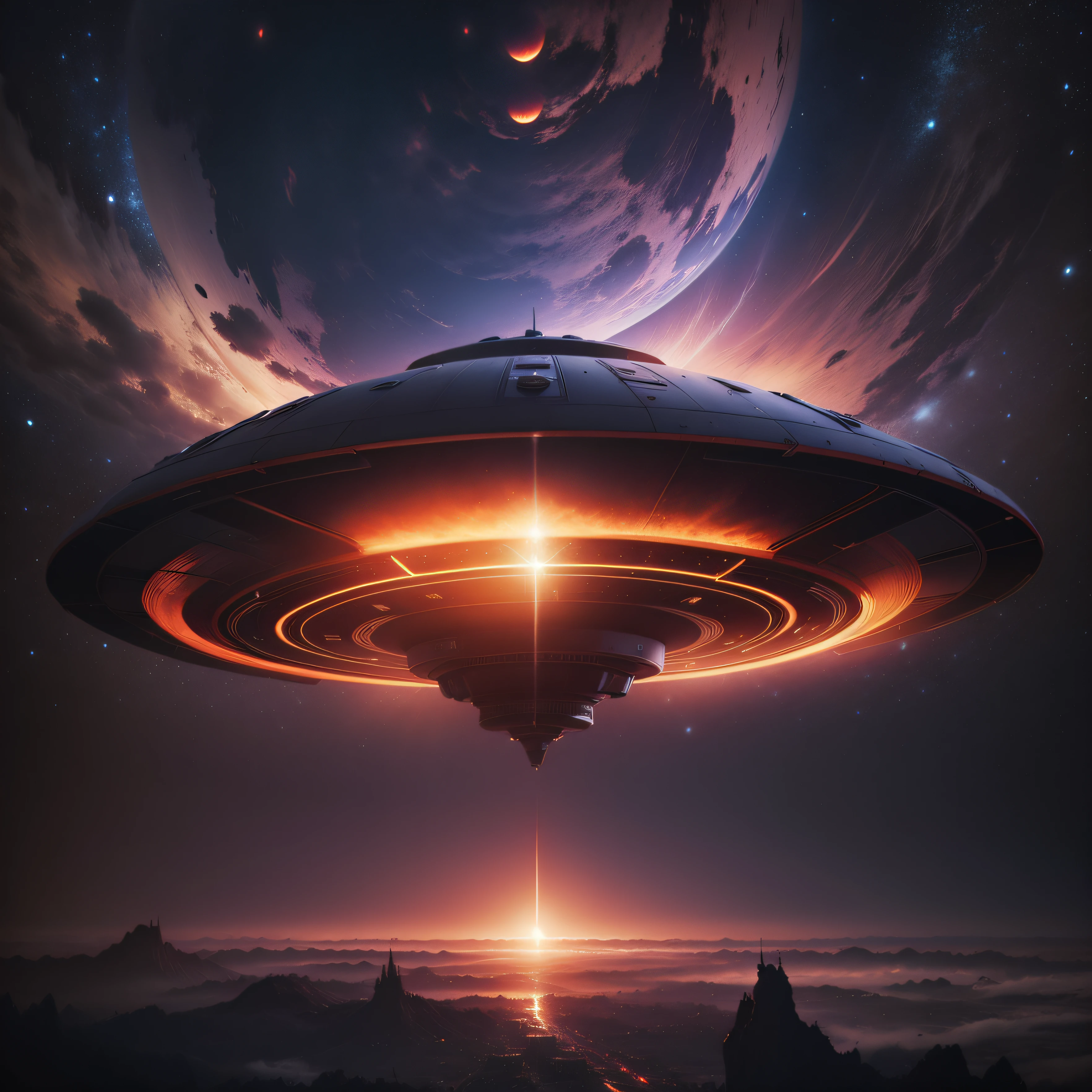 A chrome UFO floating on the dark side of the moon with mysterious lights illuminating the ground