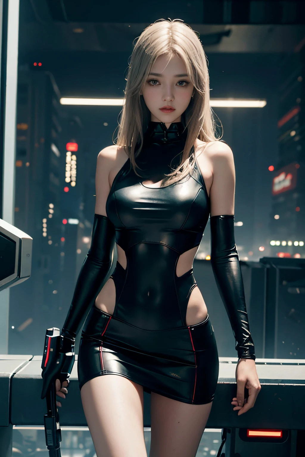 Beautiful girl with medium breasts in cyberpunk scene, long whitr hair, machine arm, ssee-through